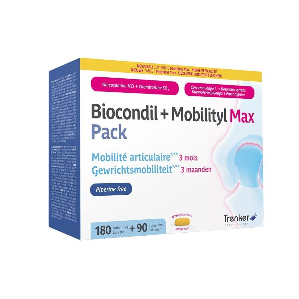 Boîte Biocondil + Mobilityl Max. Contient 180 + 90 comprimés. Contient glucosamine, chondroïtine, curcuma, boswellia et pipérine.
