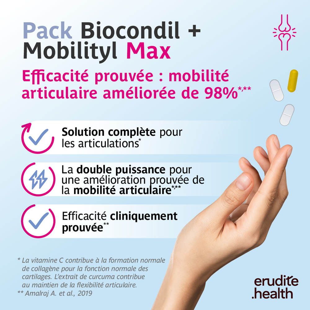 Pack Biocondil + Mobilityl Max : Pack de pilules et main. Prise pour les articulations.