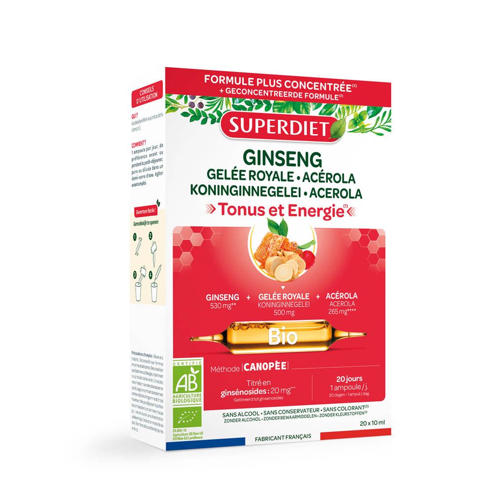 Boîte Superdiet Ginseng, Gelée Royale, Acérola. Contient 20 ampoules. Label Bio. Ingrédients visibles.