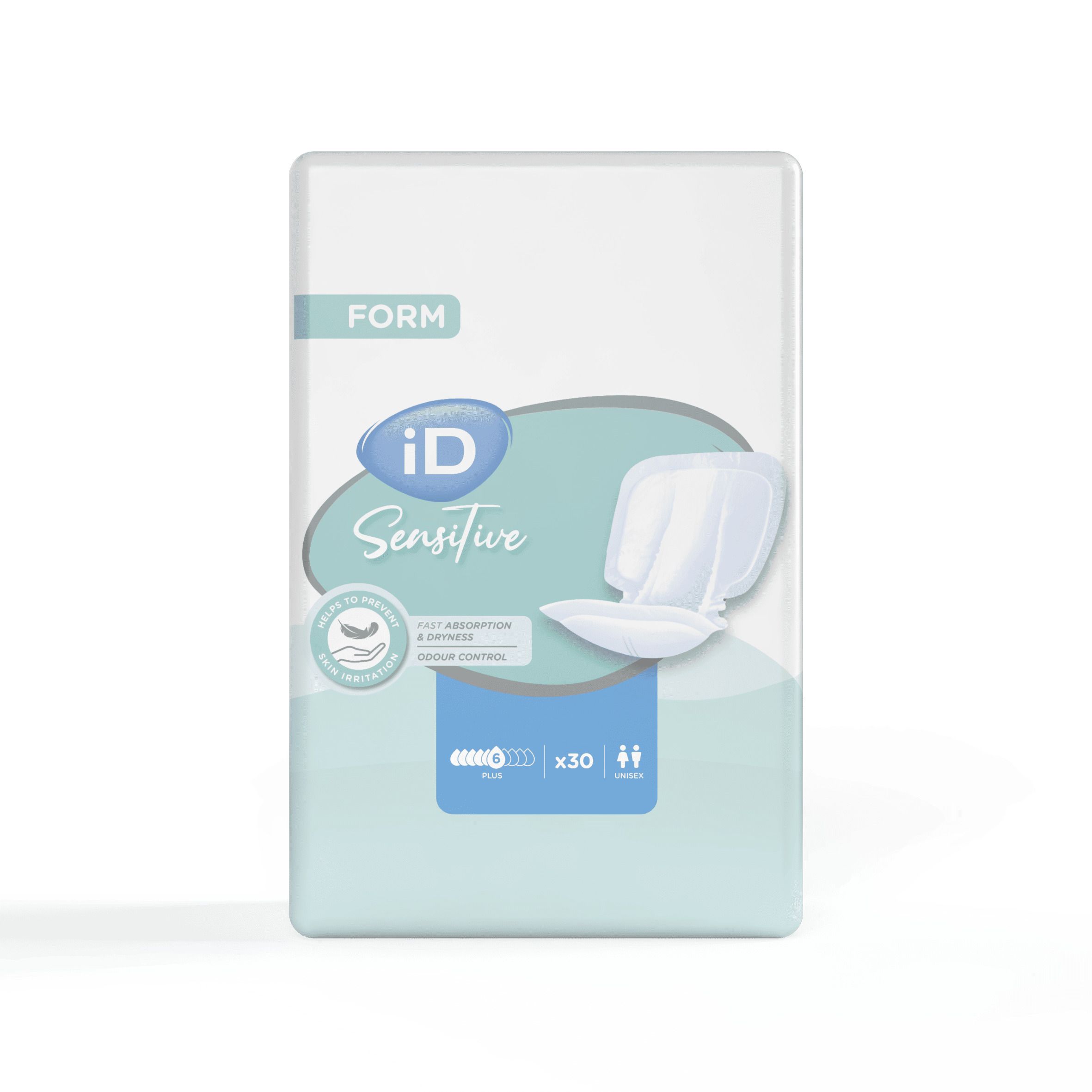 Paquet de iD Sensitive Form Plus. Inscription : iD Sensitive, x30, absorption complète et contrôle des odeurs.