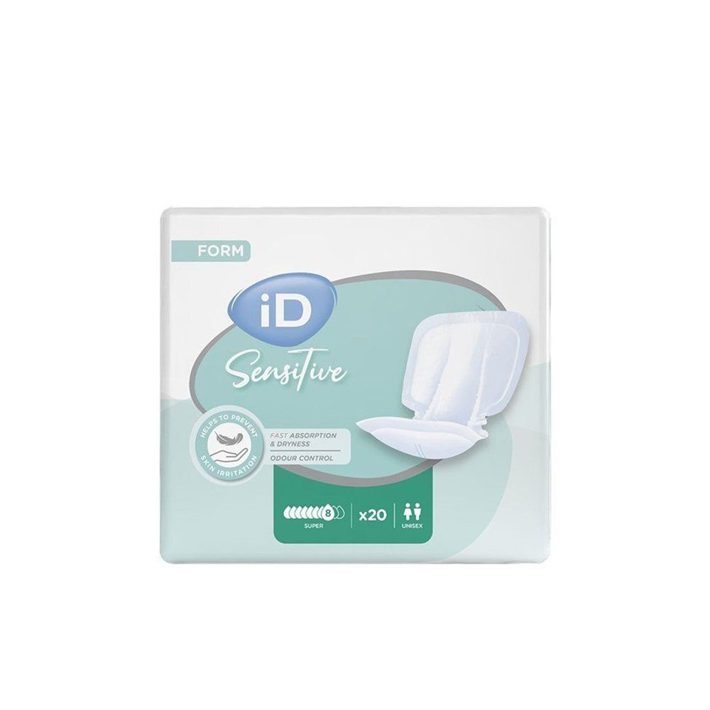 Protections iD Sensitive Form Super, 20 unités. Protections d'incontinence absorbantes avec contrôle des odeurs.