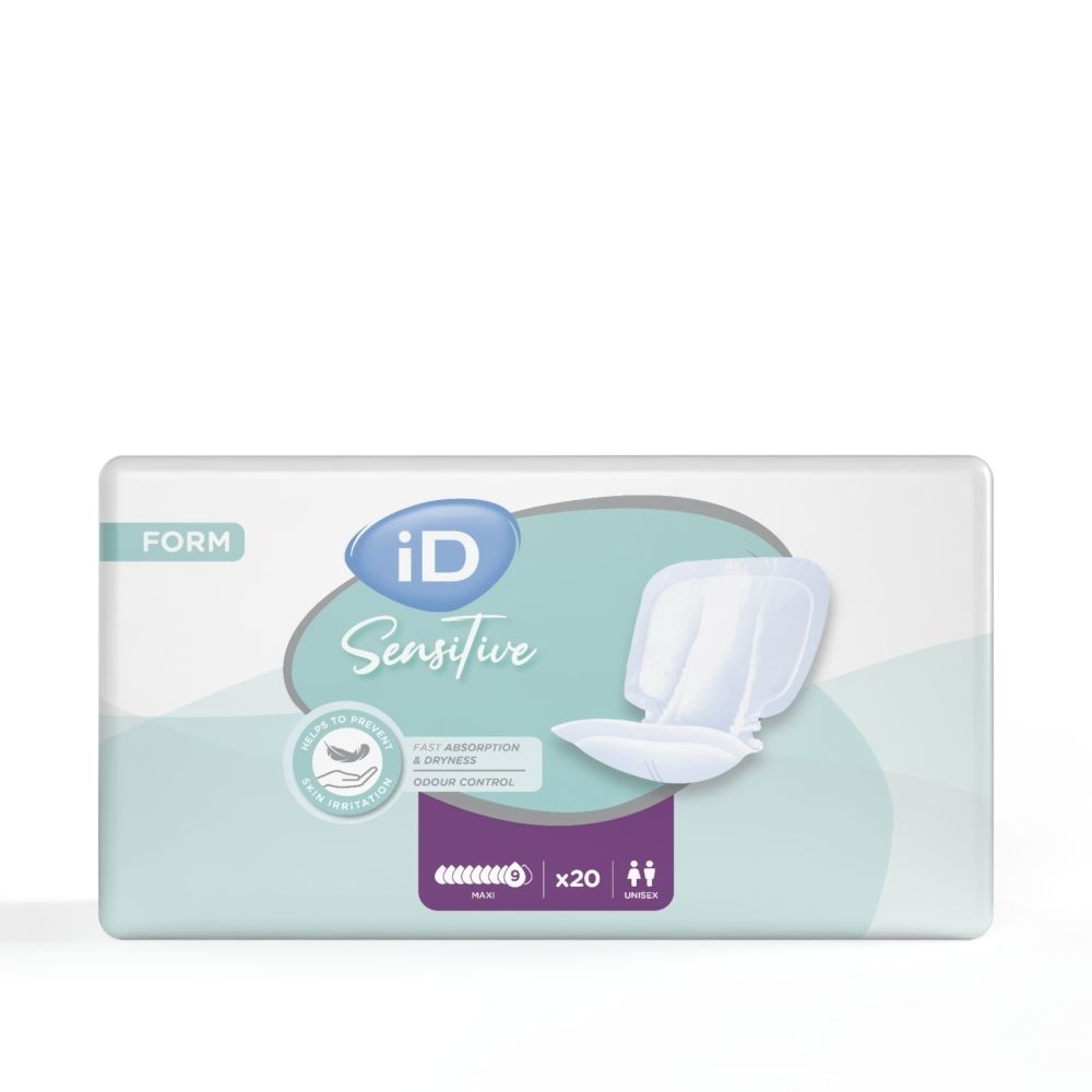 Emballage de 20 protections iD Sensitive Form Maxi, pour une absorption rapide et un contrôle des odeurs.