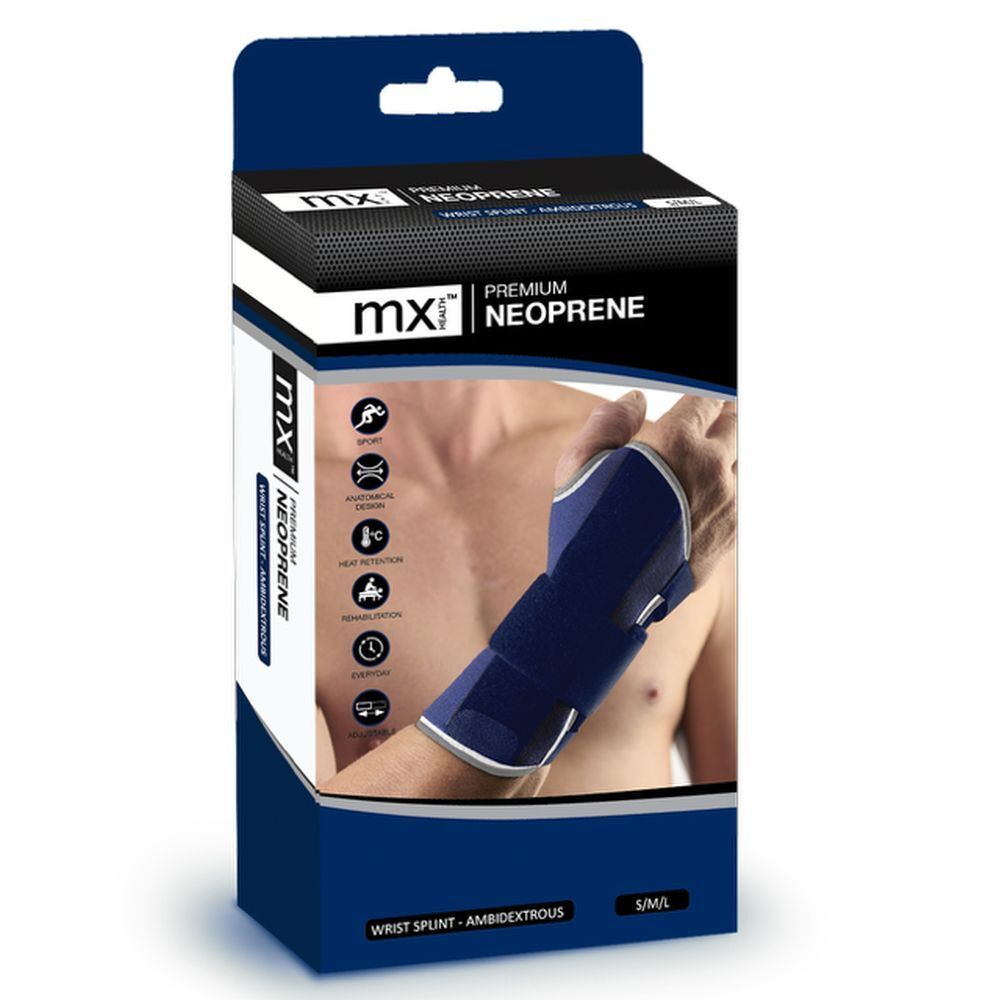 Attelle de poignet en néoprène bleu dans son emballage. Marque MX, Premium Néoprène. Tailles S/M/L. Montré sur un poignet.
