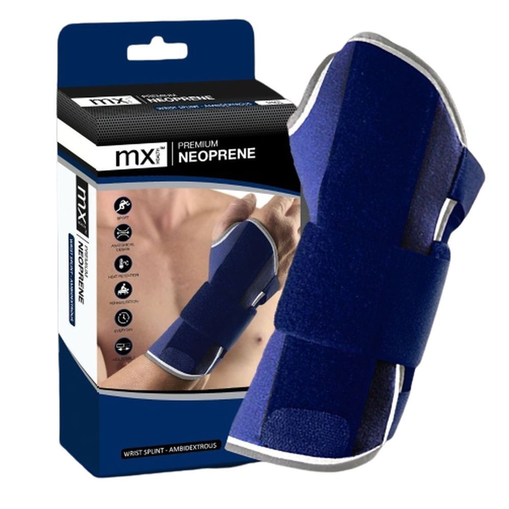 Attelle de poignet en néoprène bleu. Marque MX, Premium Néoprène. Fermetures velcro. À côté de l'emballage.