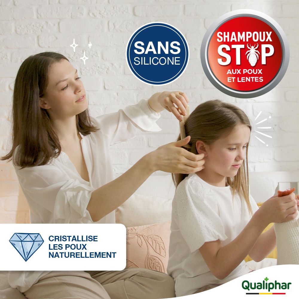 Enfant avec une loupe. Icônes: > 12 mois, Efficace dès 15 min, Sans peignage, Convient aux femmes enceintes, À base de plantes.