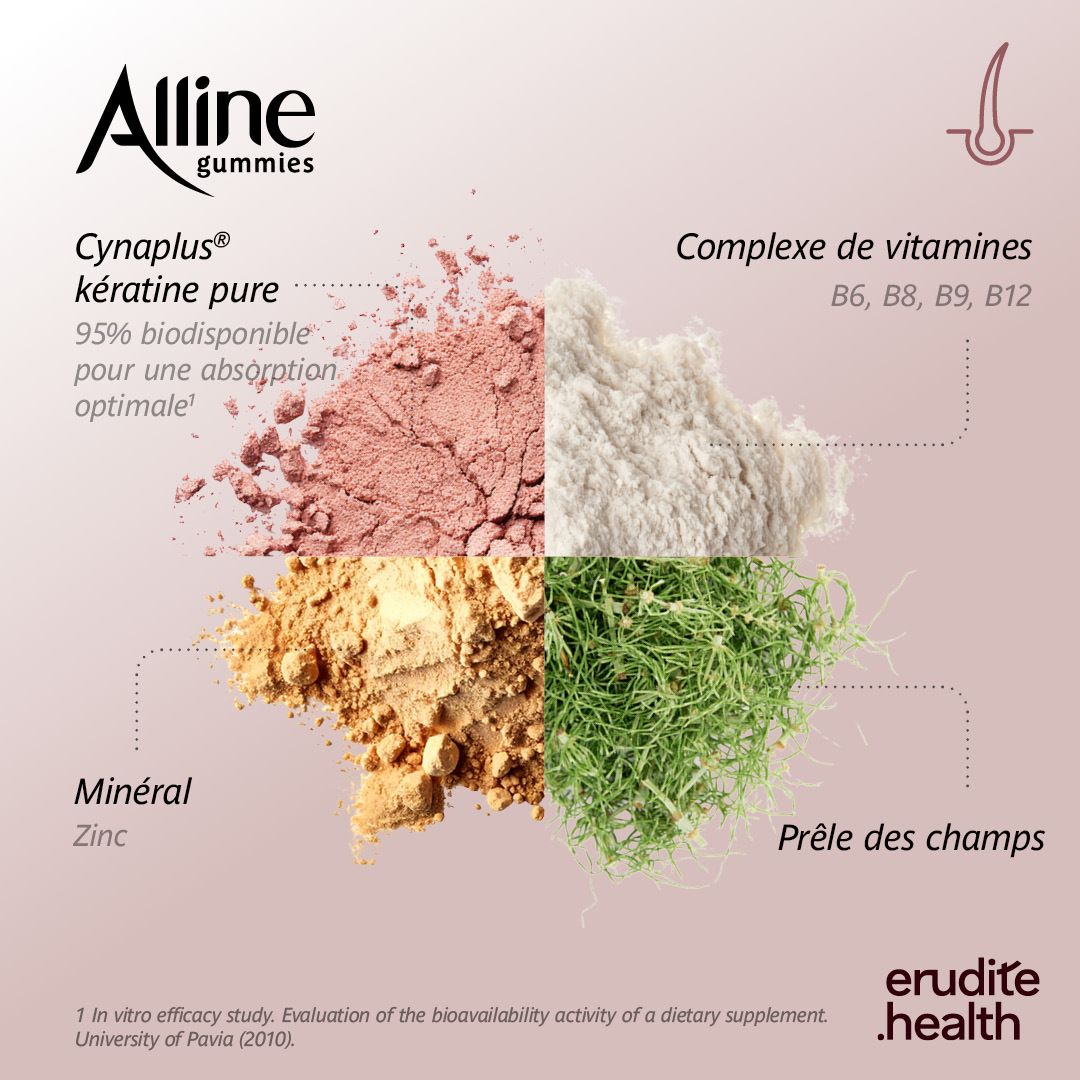 Flacon d'Alline Gummies Pure Kératine, sans sucre, avec 60 gummies.