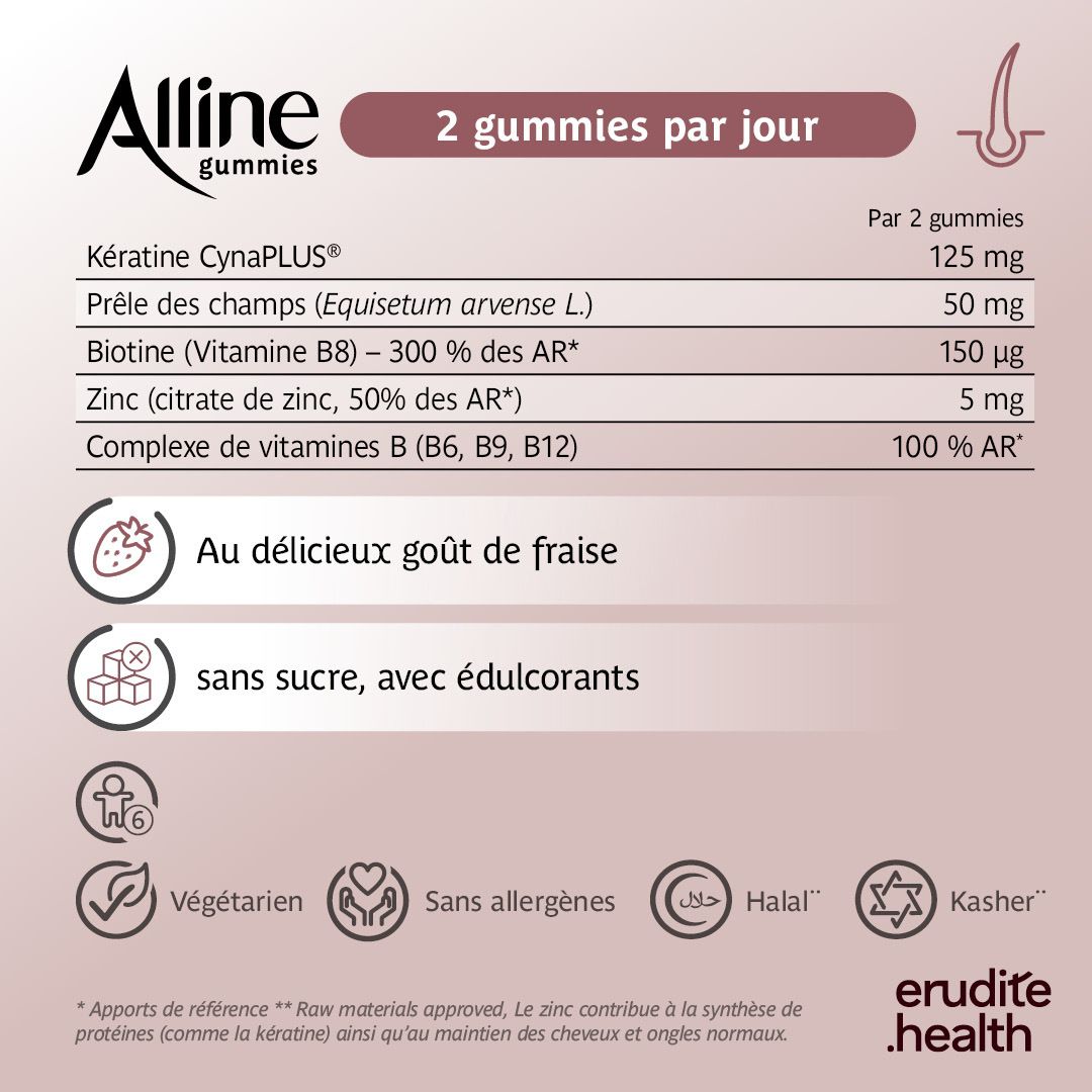 Flacon d'Alline Gummies Pure Kératine, 60 pièces, saveur fraise.