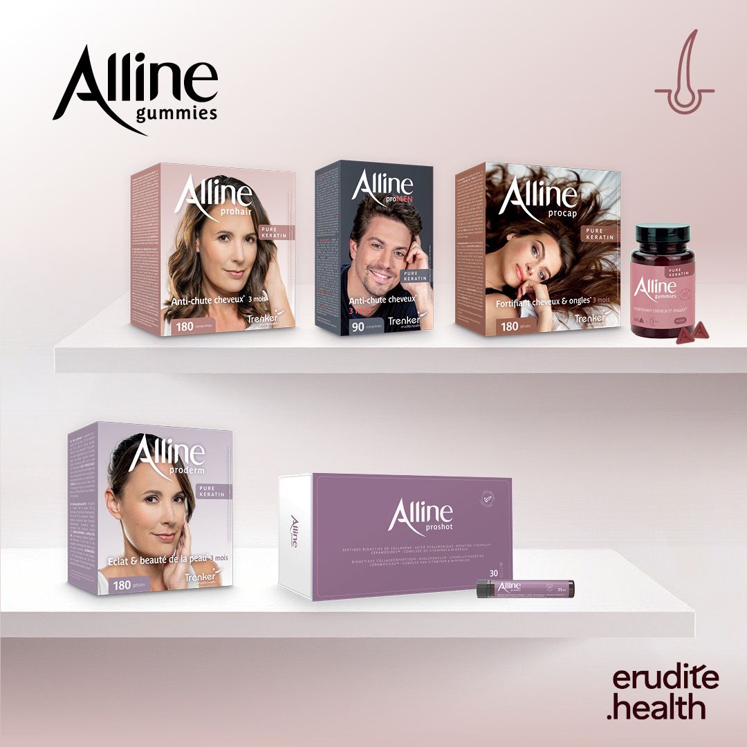 Flacon d'Alline Gummies Pure Kératine, 60 pièces, sans sucre.