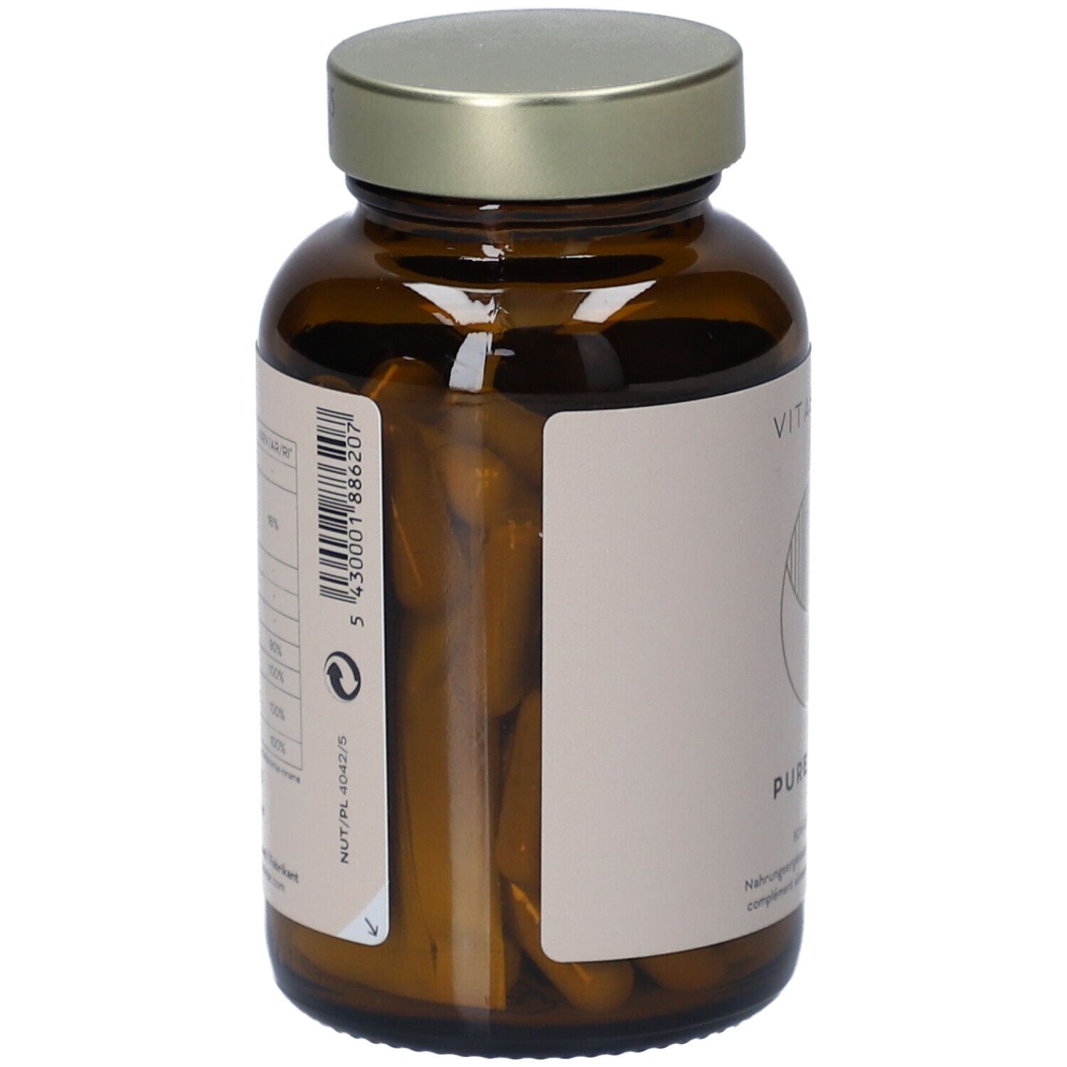 Flacon en verre brun avec capsules. Étiquette avec informations sur le produit.