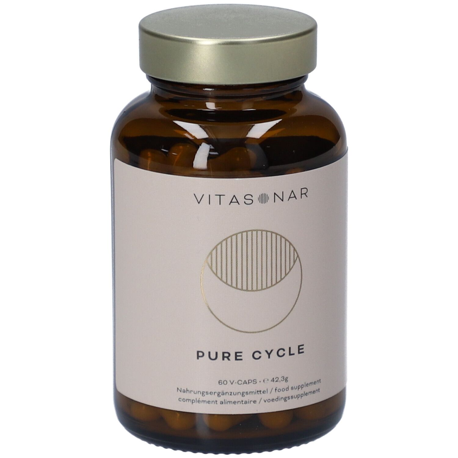 Flacon en verre brun avec bouchon doré. Étiquette avec nom du produit et logo.