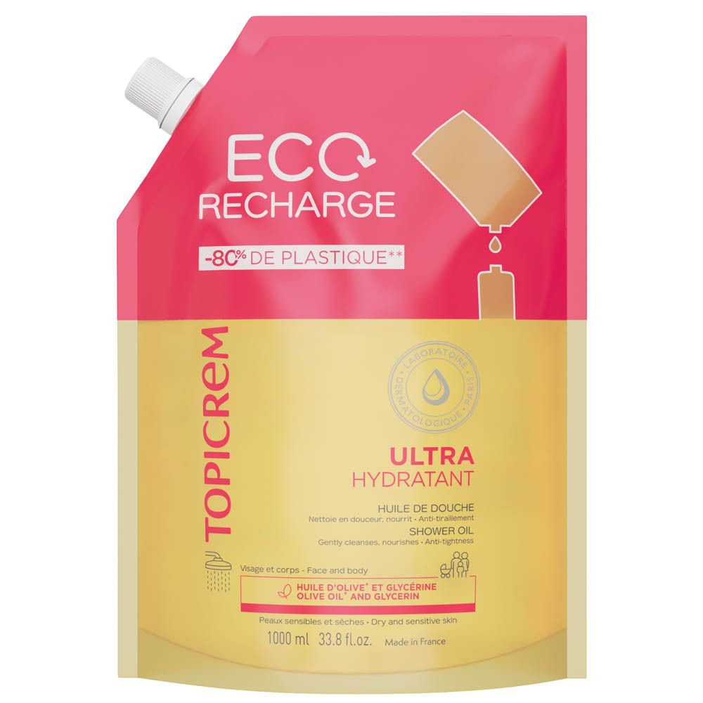 TOPICREM recharge huile de douche, 1000ml, avec bec verseur et mention 'Eco Recharge'.
