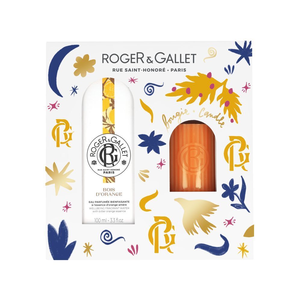Coffret cadeau avec Eau Parfumée et bougie. Emballage blanc avec illustrations et nom du produit. Roger & Gallet.