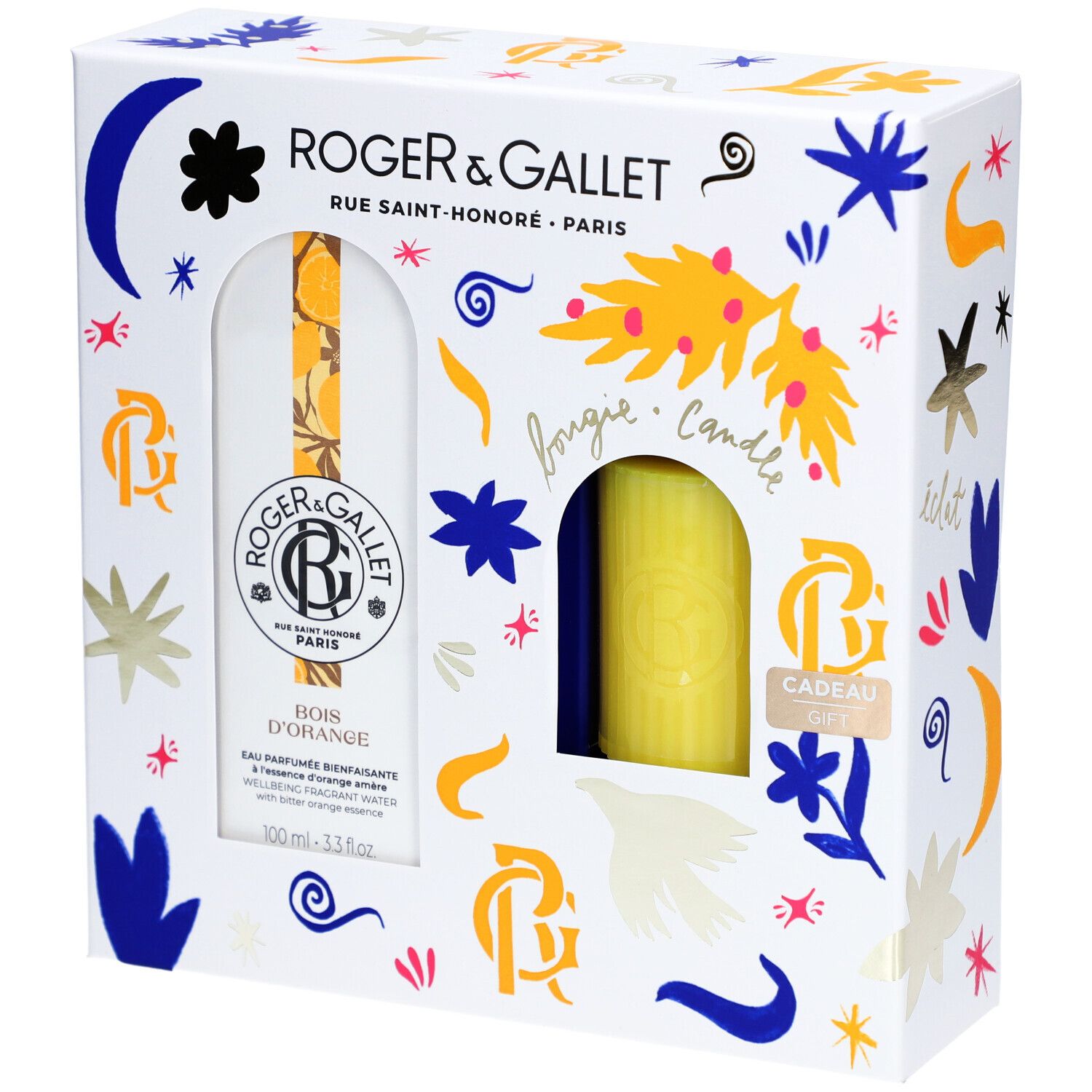 Coffret cadeau avec Eau Parfumée et bougie. Emballage blanc avec illustrations et nom du produit. Roger & Gallet.