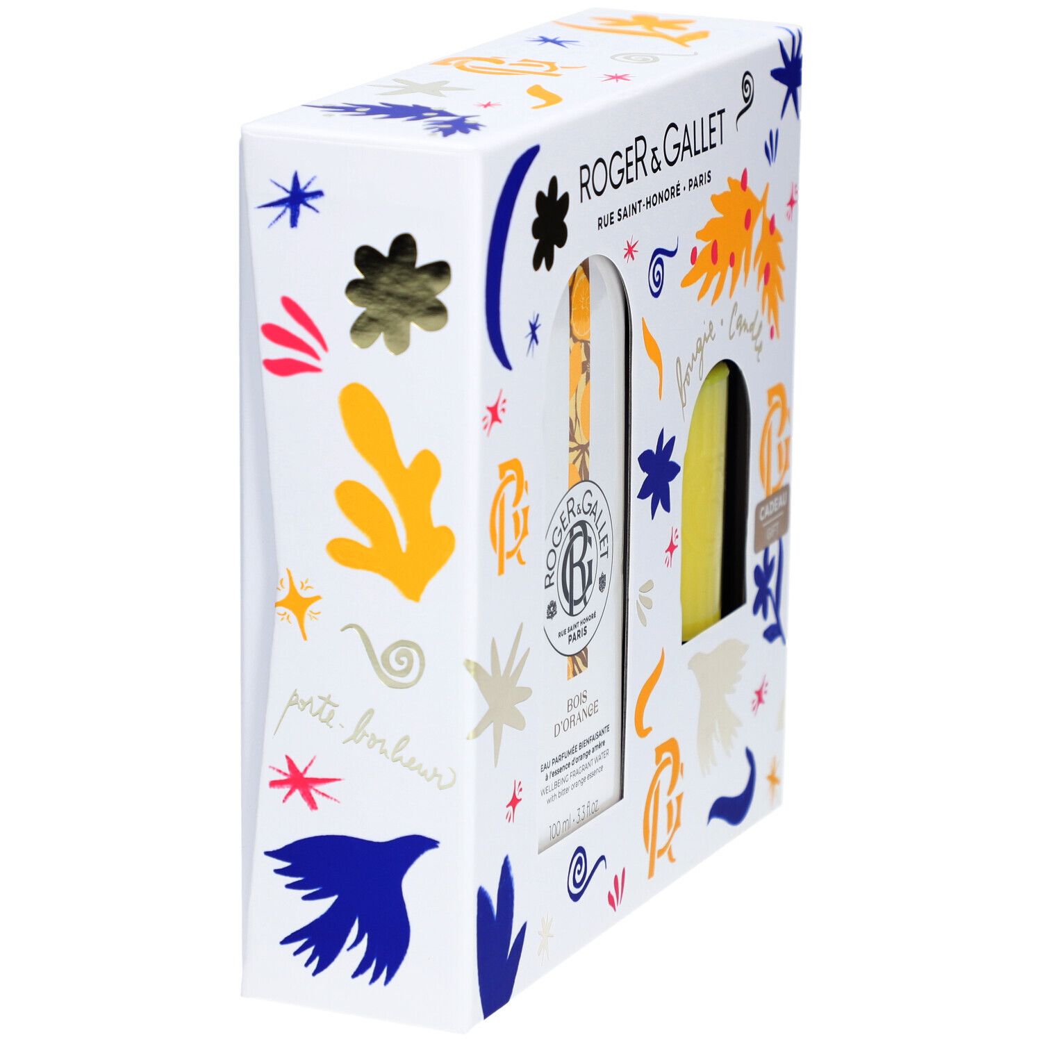 Coffret cadeau avec Eau Parfumée et bougie. Emballage blanc avec illustrations et nom du produit. Roger & Gallet.