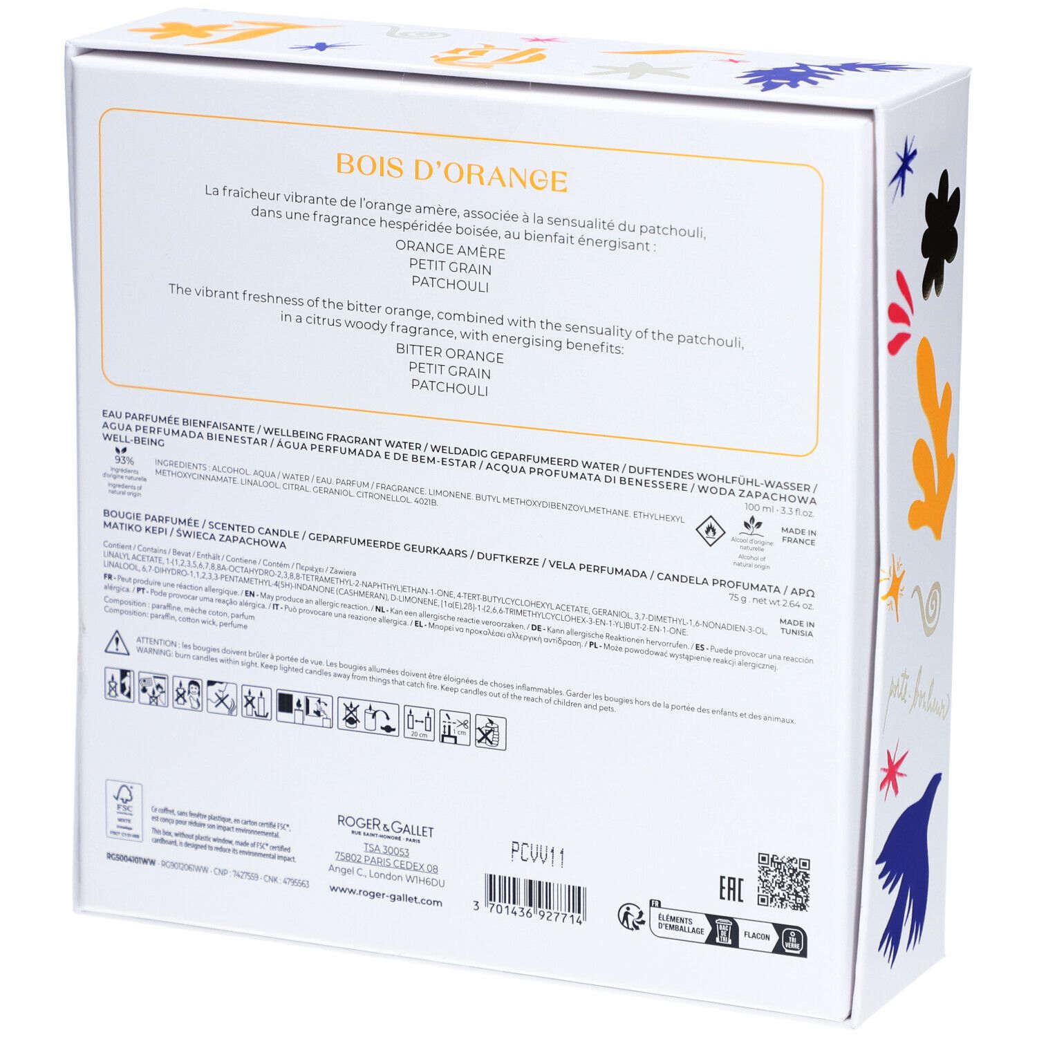 Coffret cadeau avec Eau Parfumée et bougie. Emballage blanc avec illustrations et nom du produit. Roger & Gallet.