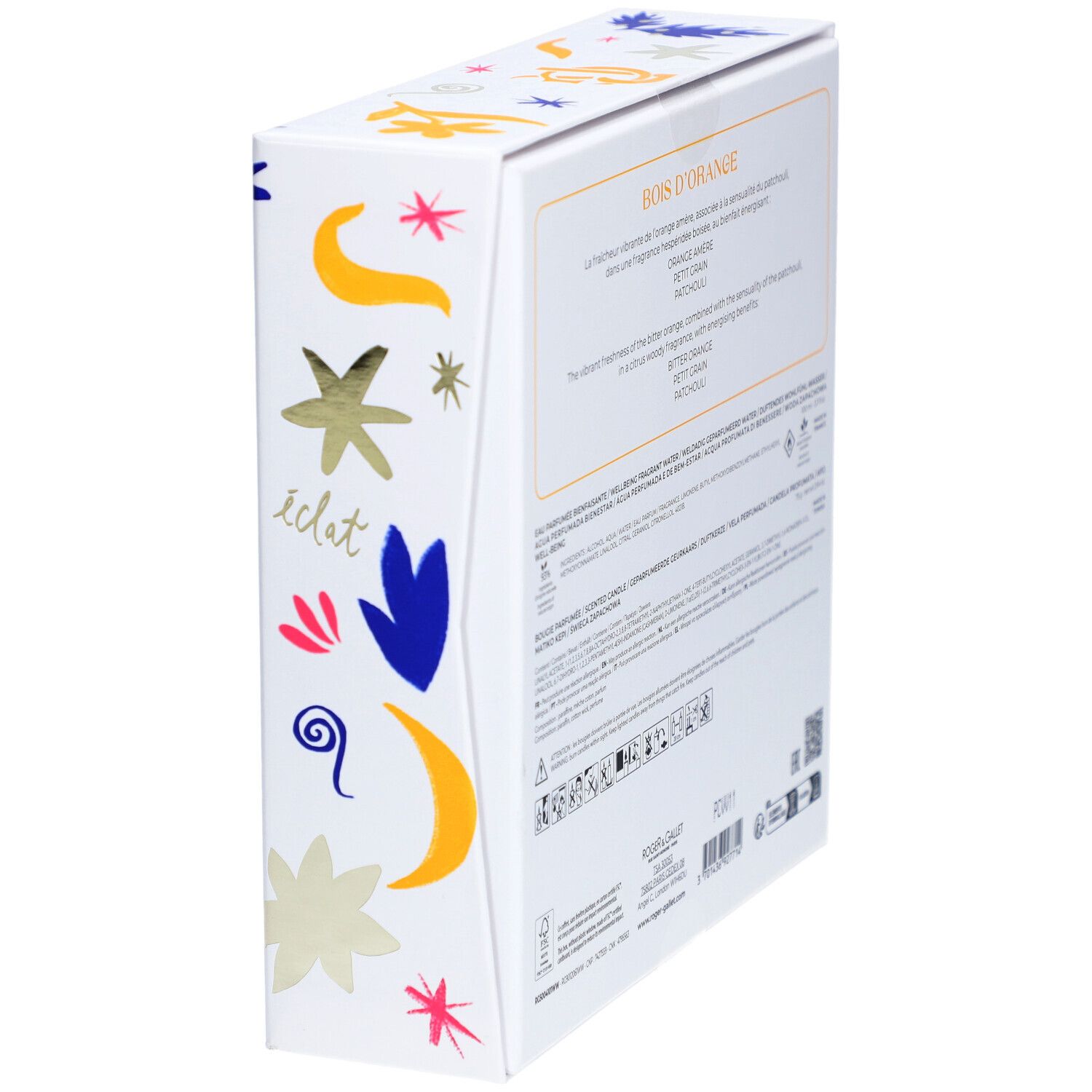 Dos du coffret cadeau. Texte multilingue. Nom du produit et marque. Roger & Gallet.
