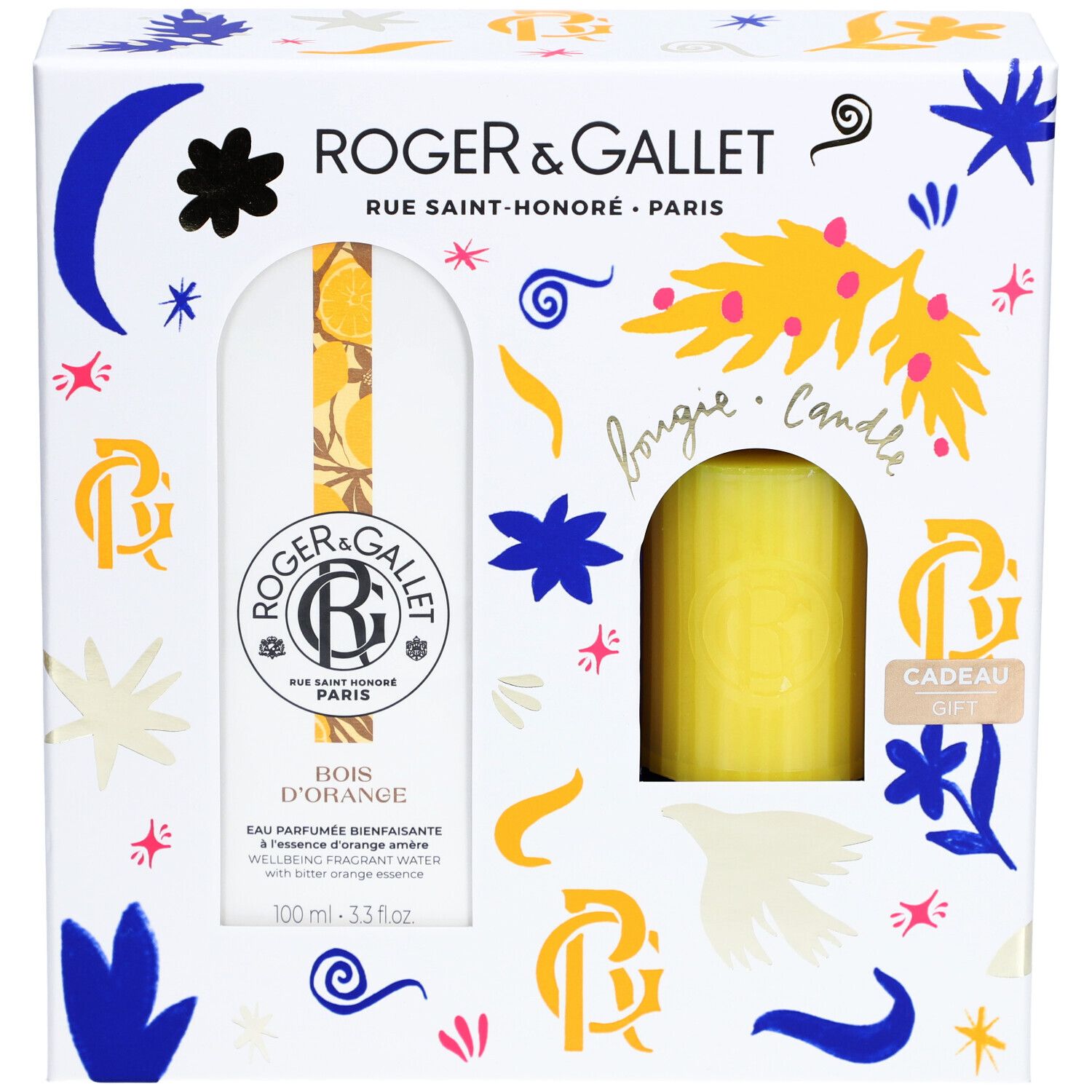 Coffret cadeau avec Eau Parfumée et bougie. Emballage blanc avec illustrations et nom du produit. Roger & Gallet.