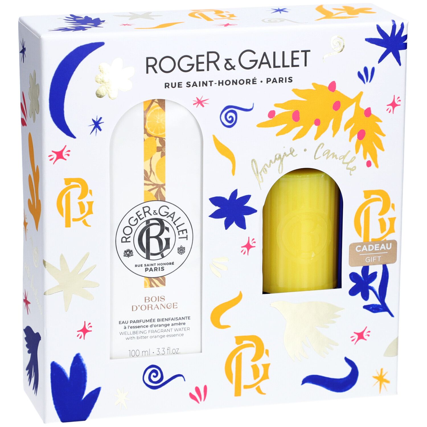Coffret cadeau avec Eau Parfumée et bougie. Emballage blanc avec illustrations et nom du produit. Roger & Gallet.