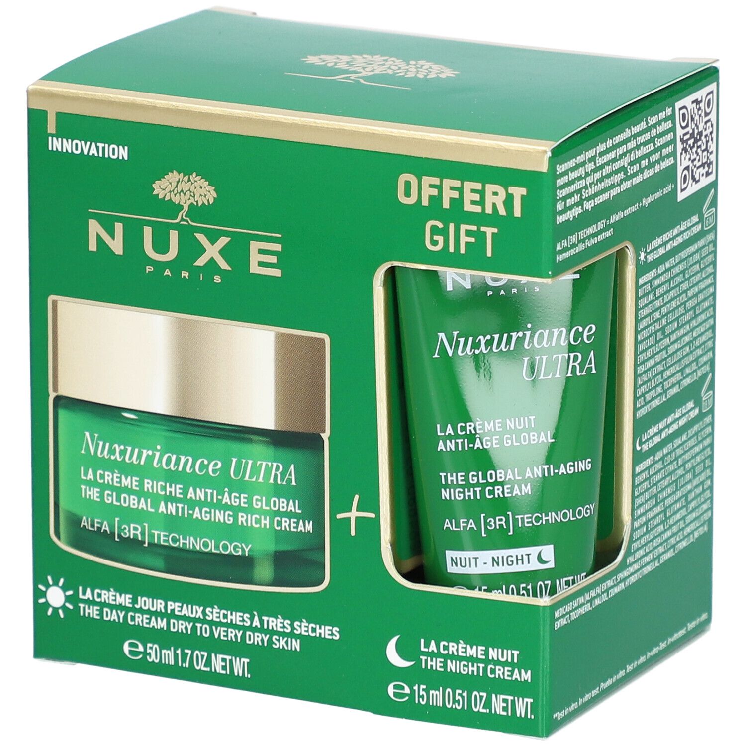 Coffret vert avec deux crèmes Nuxe Paris, Nuxuriance Ultra. Crème jour et nuit pour peaux sèches.
