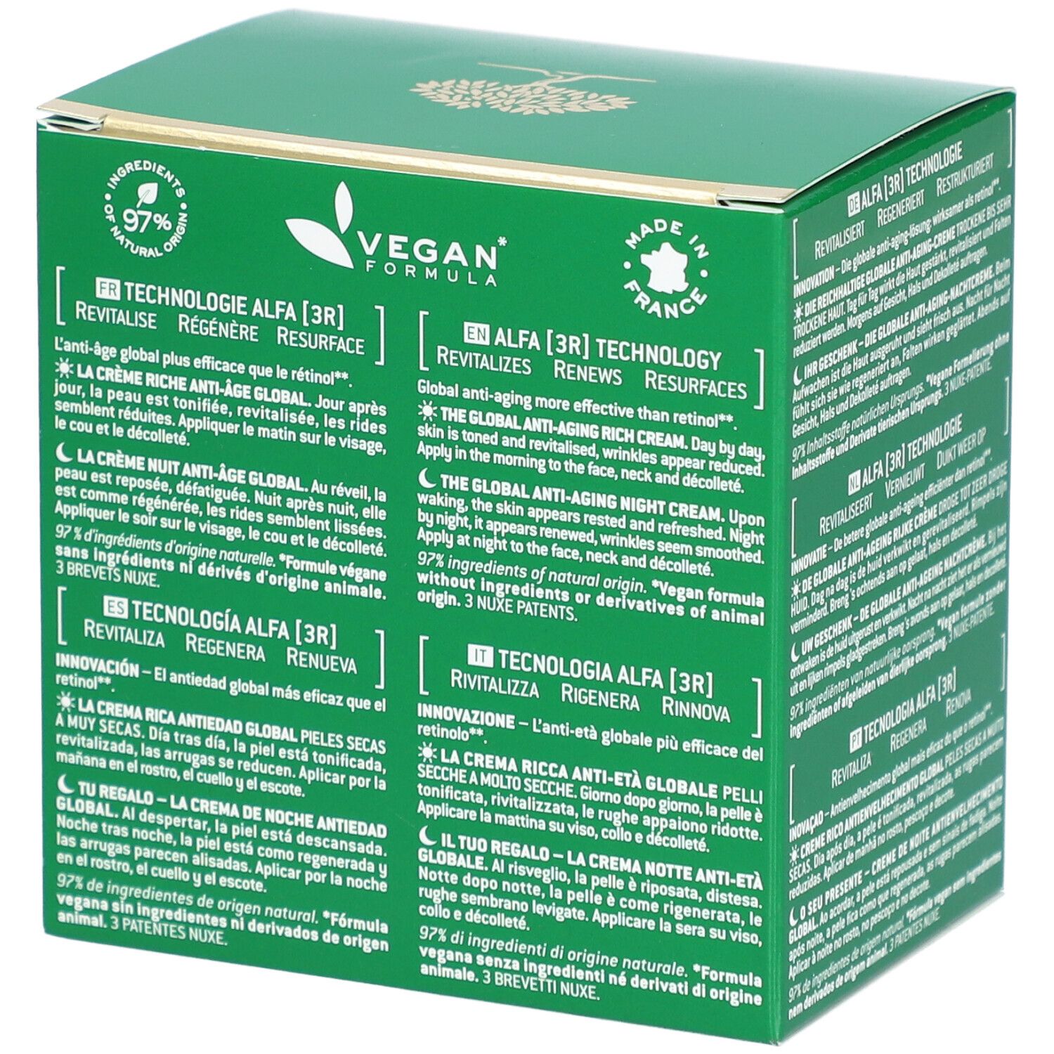 Dos du coffret vert. Texte multilingue. Formule vegan. Fabriqué en France.