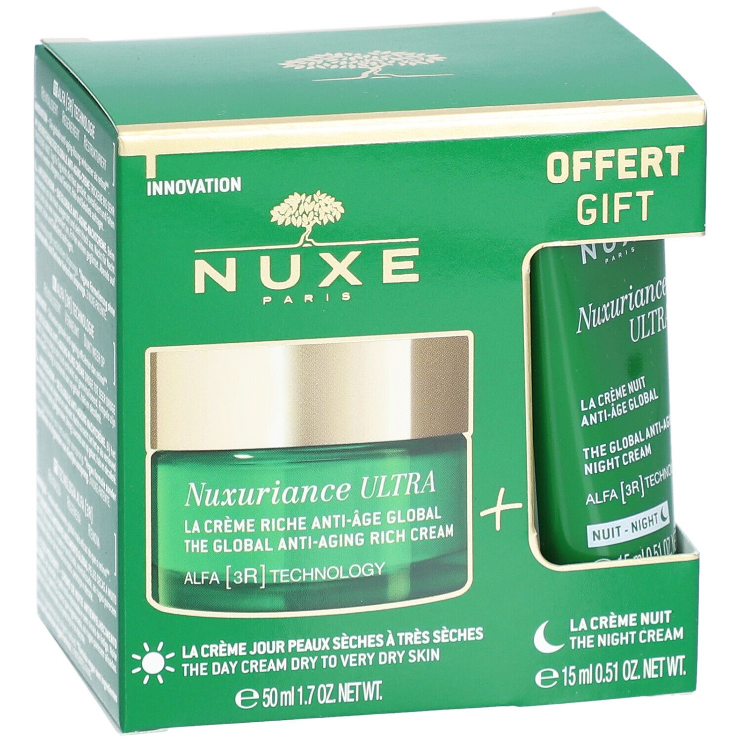 Coffret vert avec deux crèmes. Nuxe Paris, Nuxuriance Ultra. Crème jour et nuit. 50ml + 15ml.