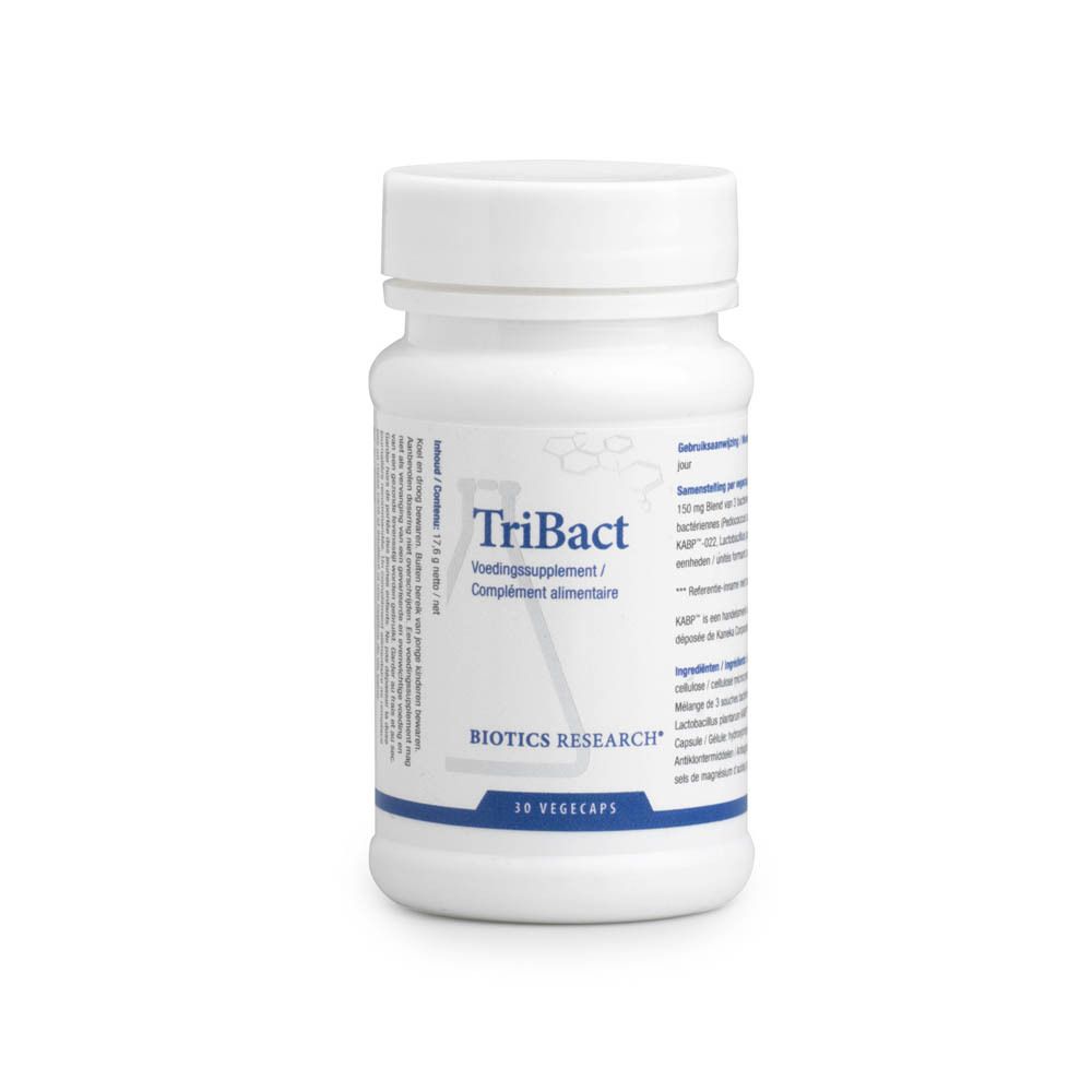 Capsules blanches. Inscription: TriBact, BIOTICS RESEARCH, 30 Vegecaps.