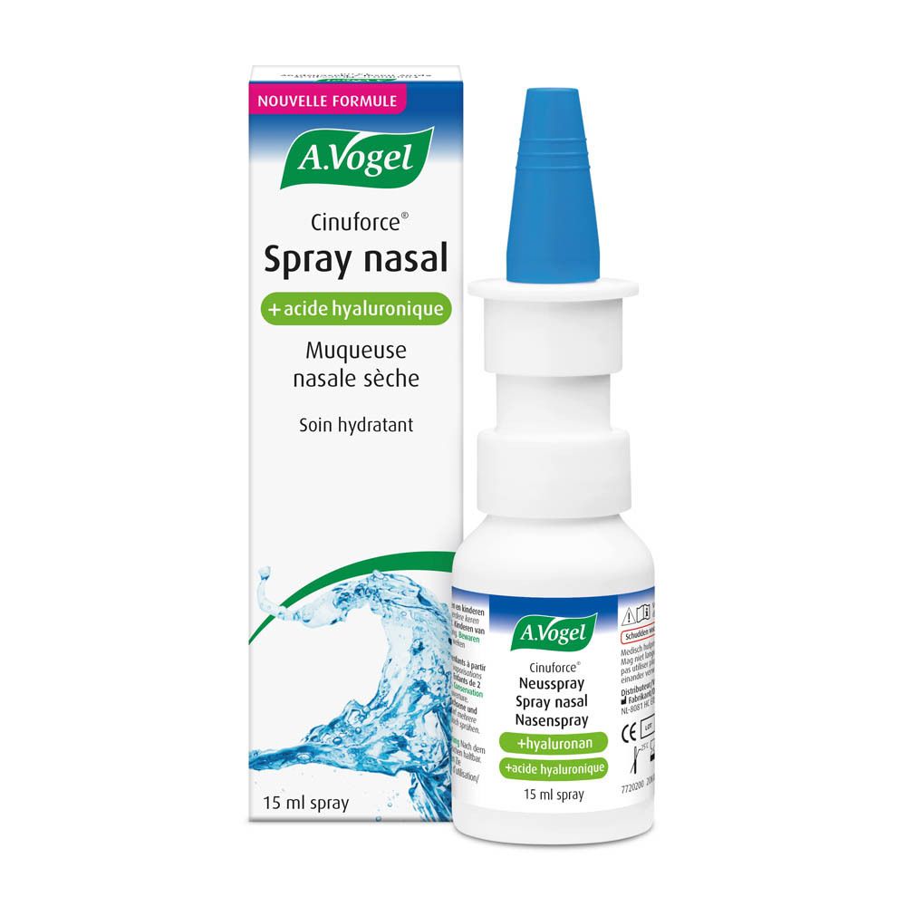 A.Vogel Cinuforce Spray nasal, flacon et boîte. Buse de pulvérisation bleue. 15 ml.