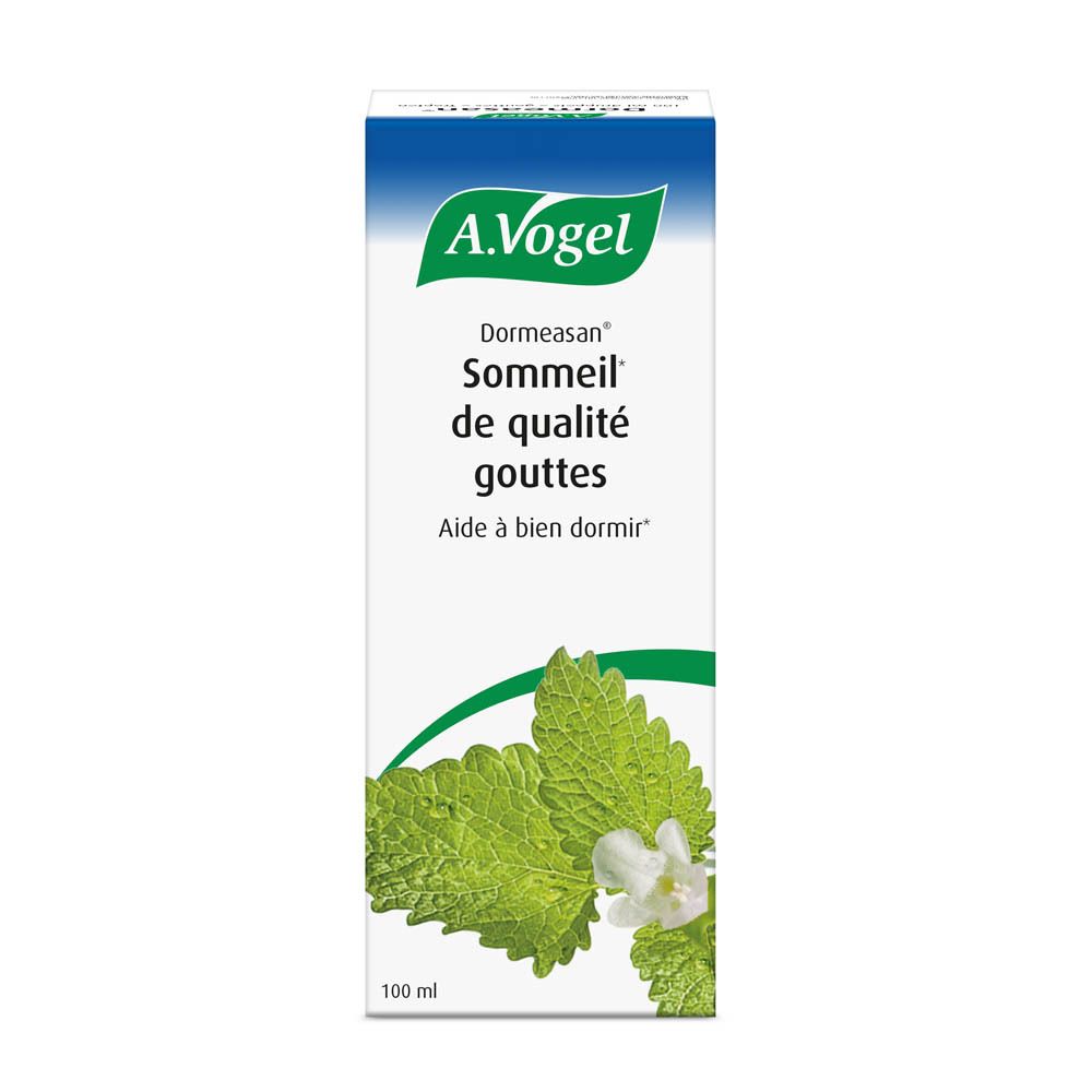 Emballage blanc avec nom du produit et logo. Illustration de feuilles et de fleurs. Texte en allemand et français.