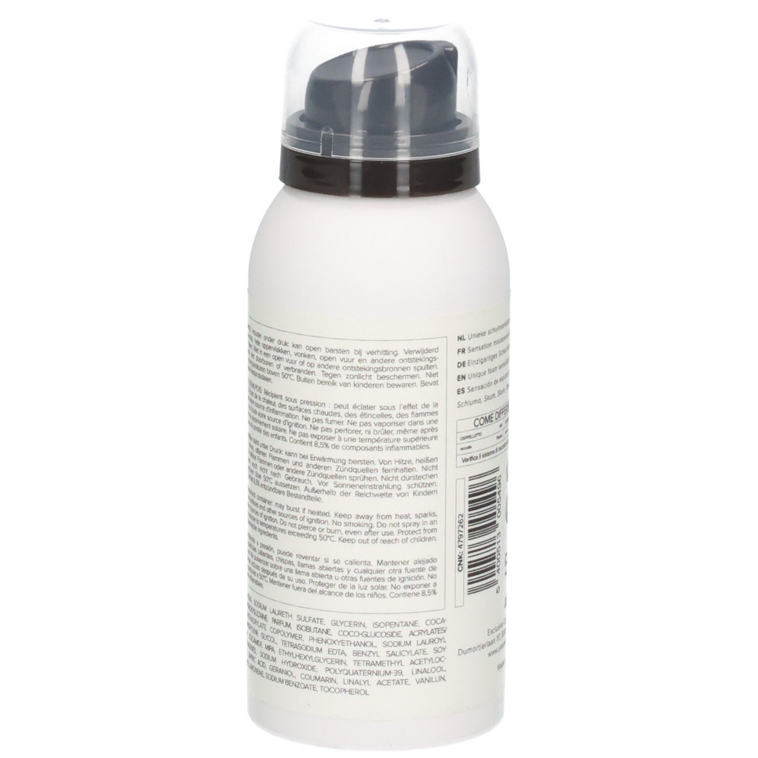 Vue latérale du flacon de gel douche moussant Umami Pure Blossoms avec ingrédients et instructions.