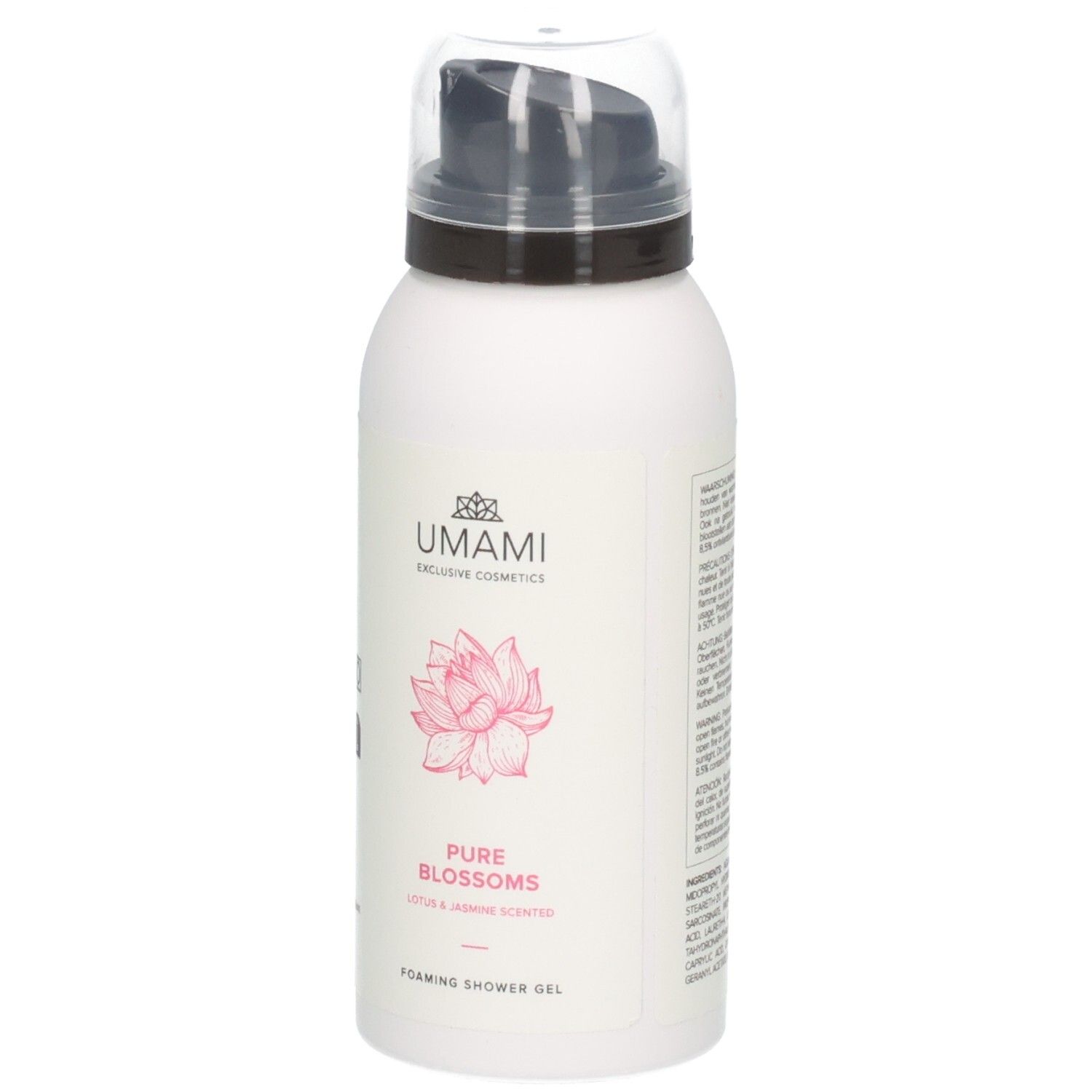Gel douche moussant Umami Pure Blossoms parfum Lotus & Jasmin. Flacon blanc avec pompe et fleur de lotus rose.