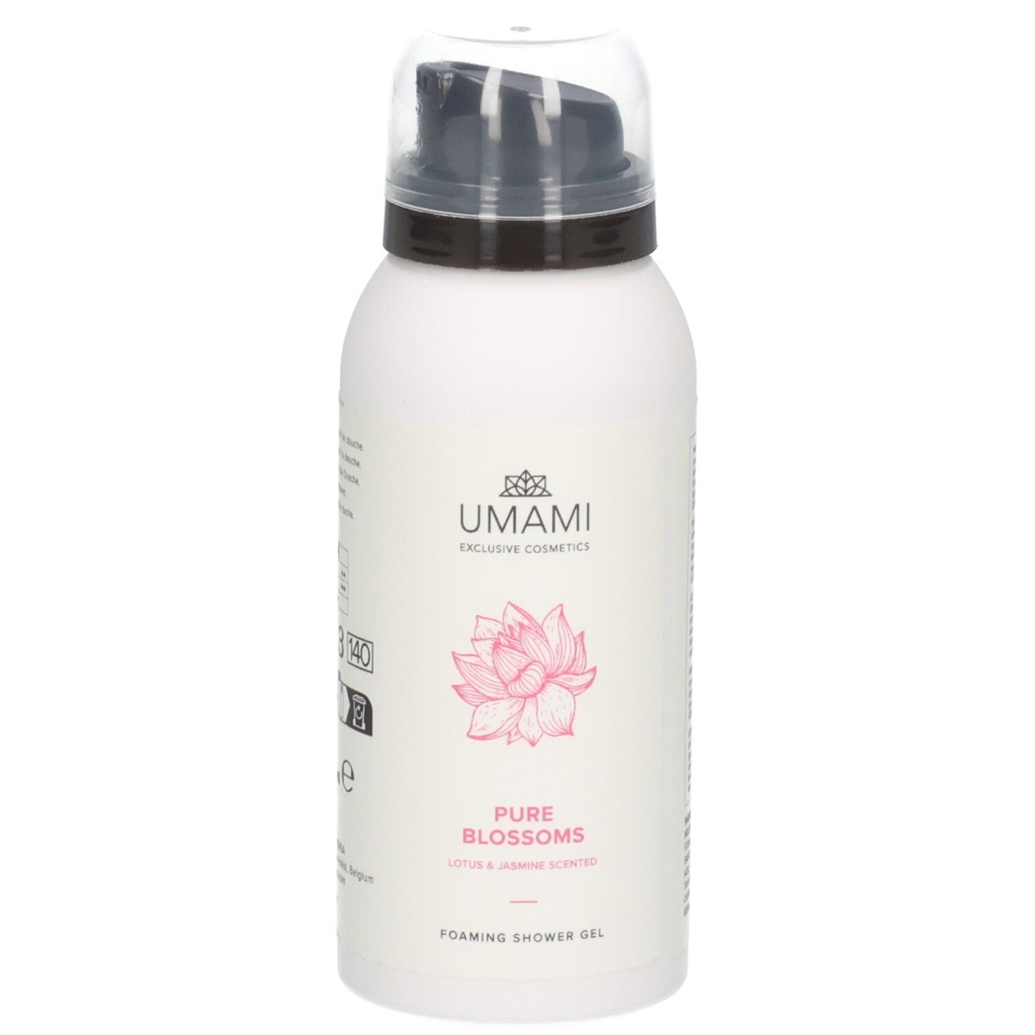 Gel douche moussant Umami Pure Blossoms parfum Lotus & Jasmin. Flacon blanc avec pompe et fleur de lotus rose.