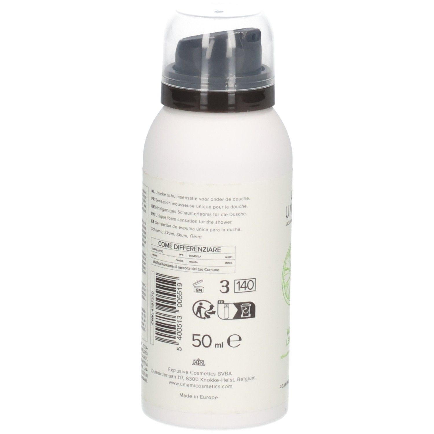 Arrière du flacon de mousse de douche Umami Woody Lemons avec informations produit et indication 50ml.