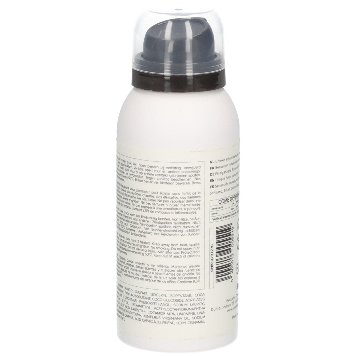 Vue latérale du flacon de mousse de douche Umami Woody Lemons avec instructions d'utilisation détaillées.
