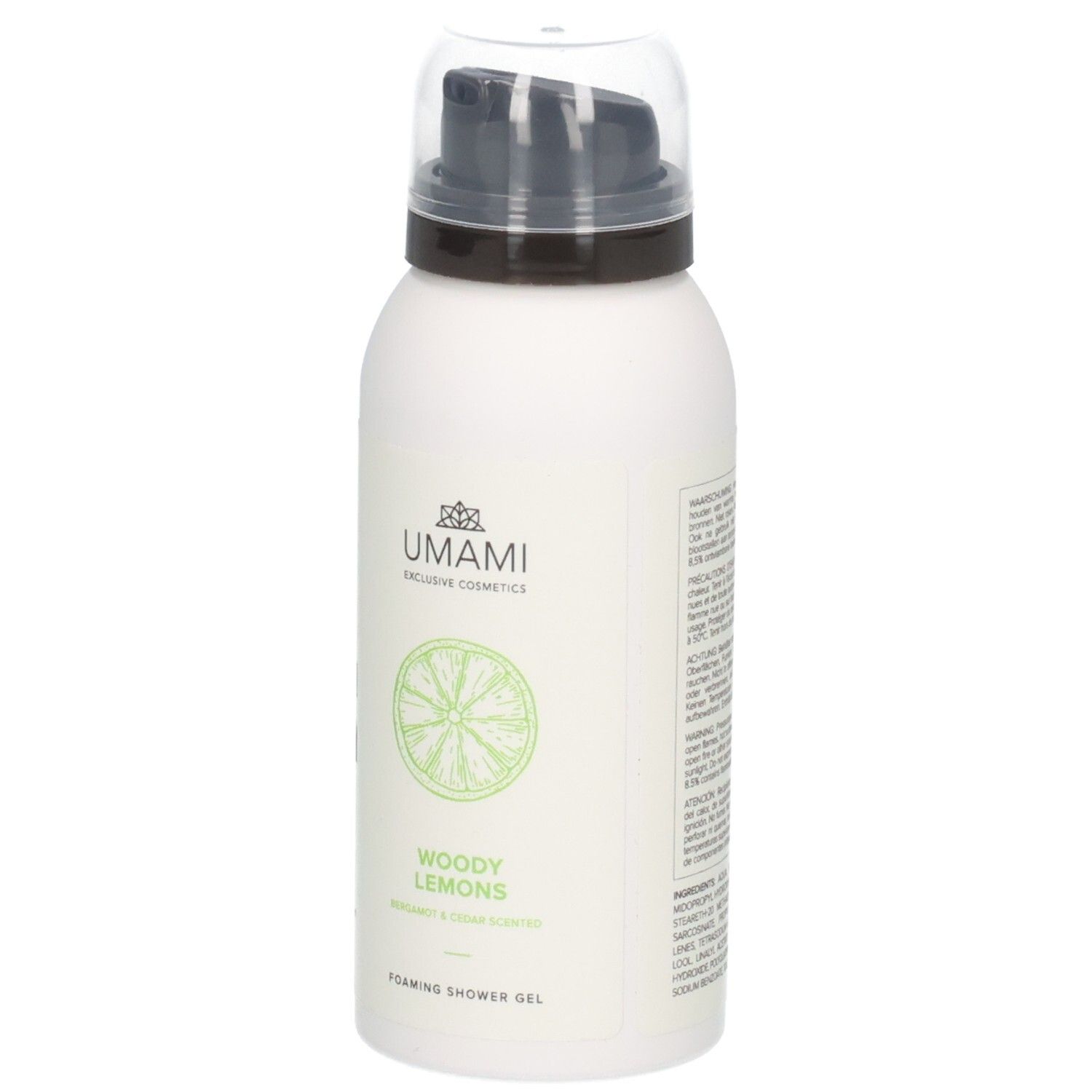 Mousse de douche Umami Woody Lemons dans un flacon blanc avec pompe. Motif tranche de citron.