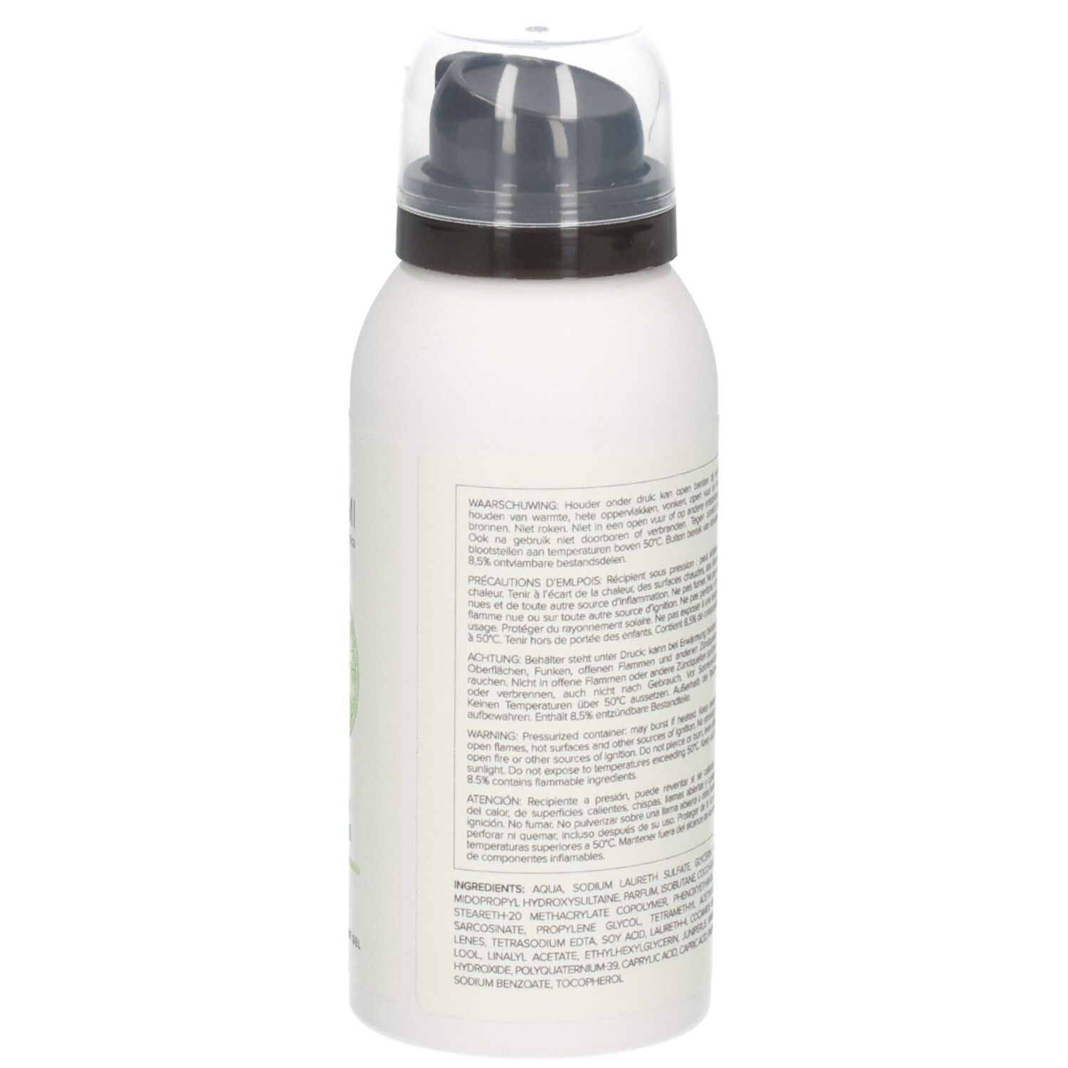 Arrière du flacon de mousse de douche Umami Woody Lemons avec avertissements et liste des ingrédients.