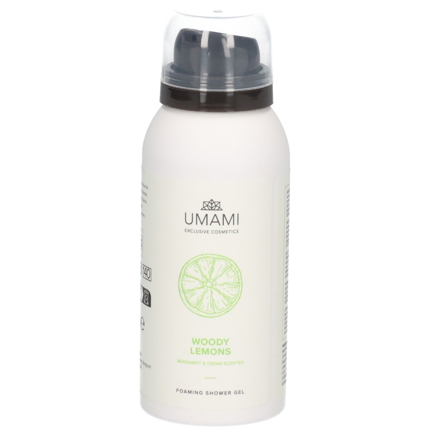 Mousse de douche Umami Woody Lemons dans un flacon blanc avec pompe. Motif tranche de citron.