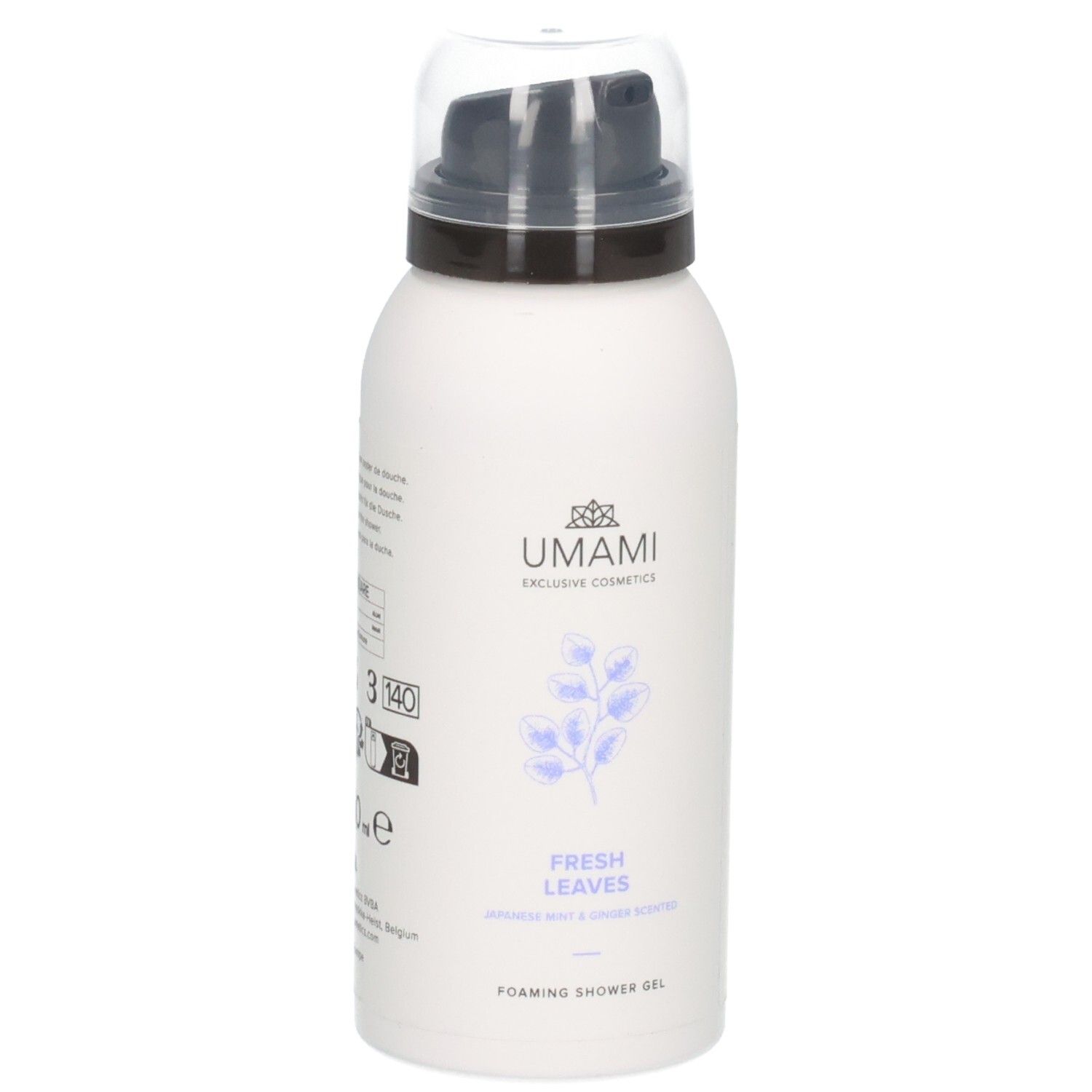 Gel douche moussant Umami Fresh Leaves dans un flacon blanc avec pompe et capuchon transparent.