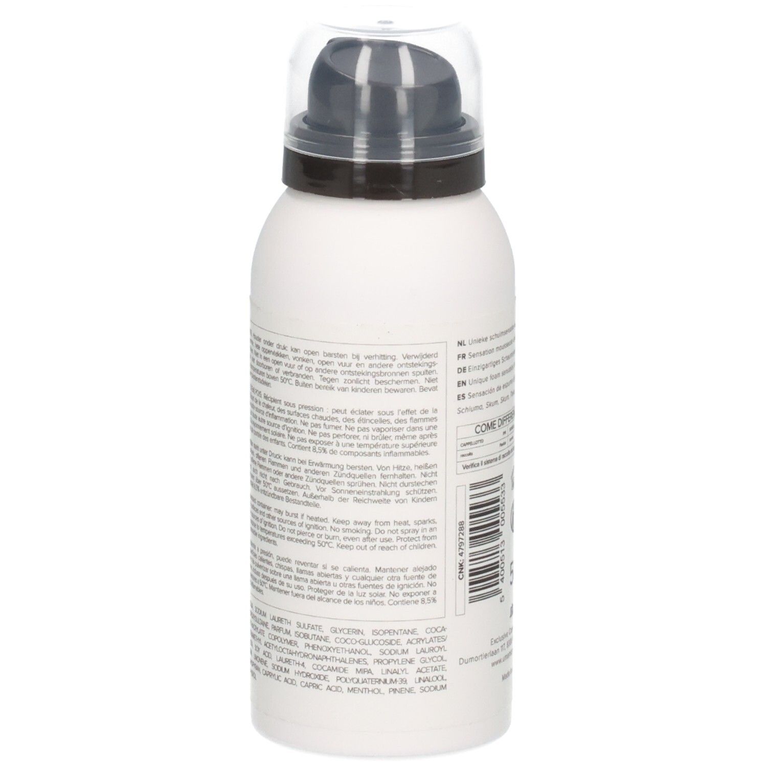 Vue latérale du flacon de gel douche moussant Umami Fresh Leaves avec instructions d'utilisation détaillées.