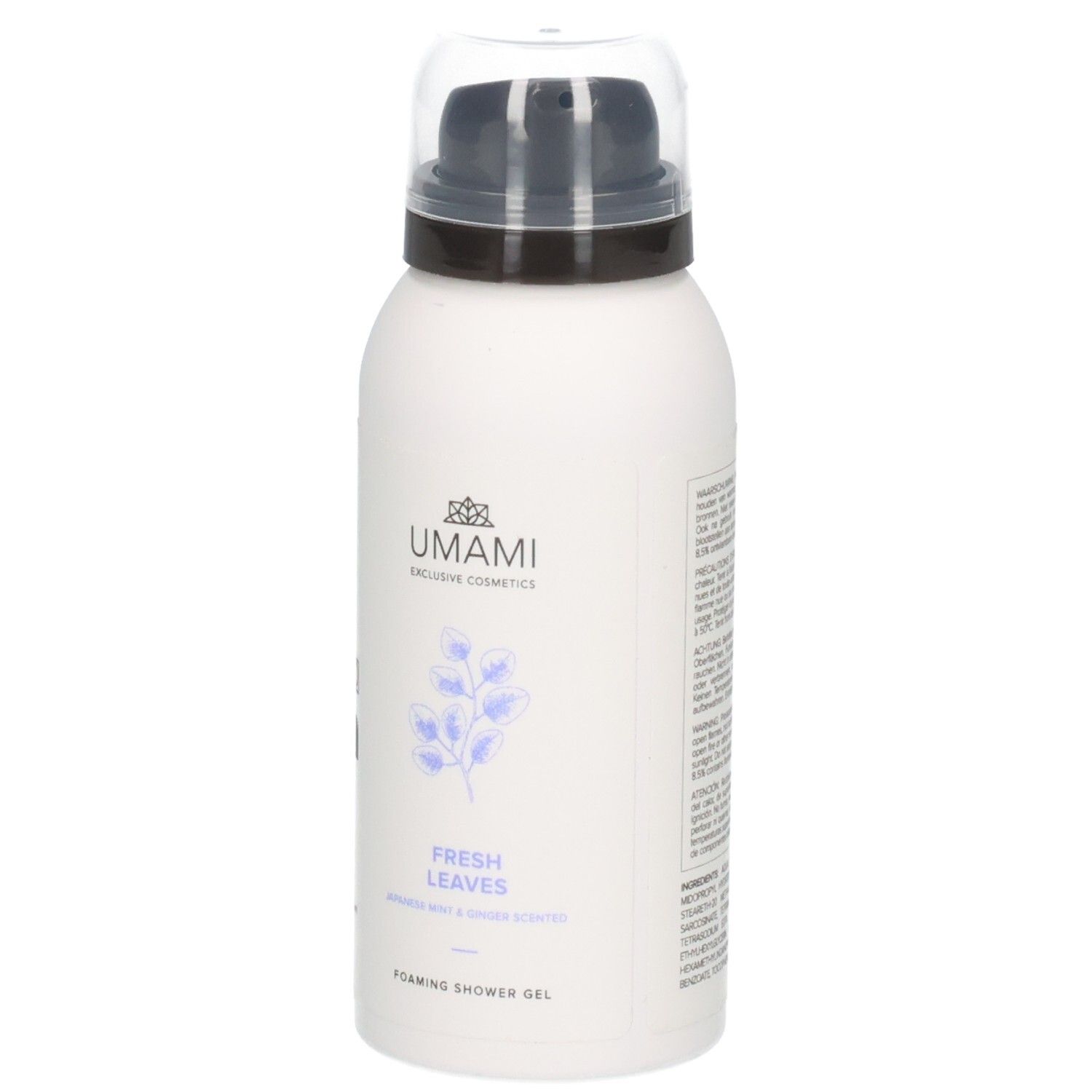 Gel douche moussant Umami Fresh Leaves dans un flacon blanc avec pompe et capuchon transparent.