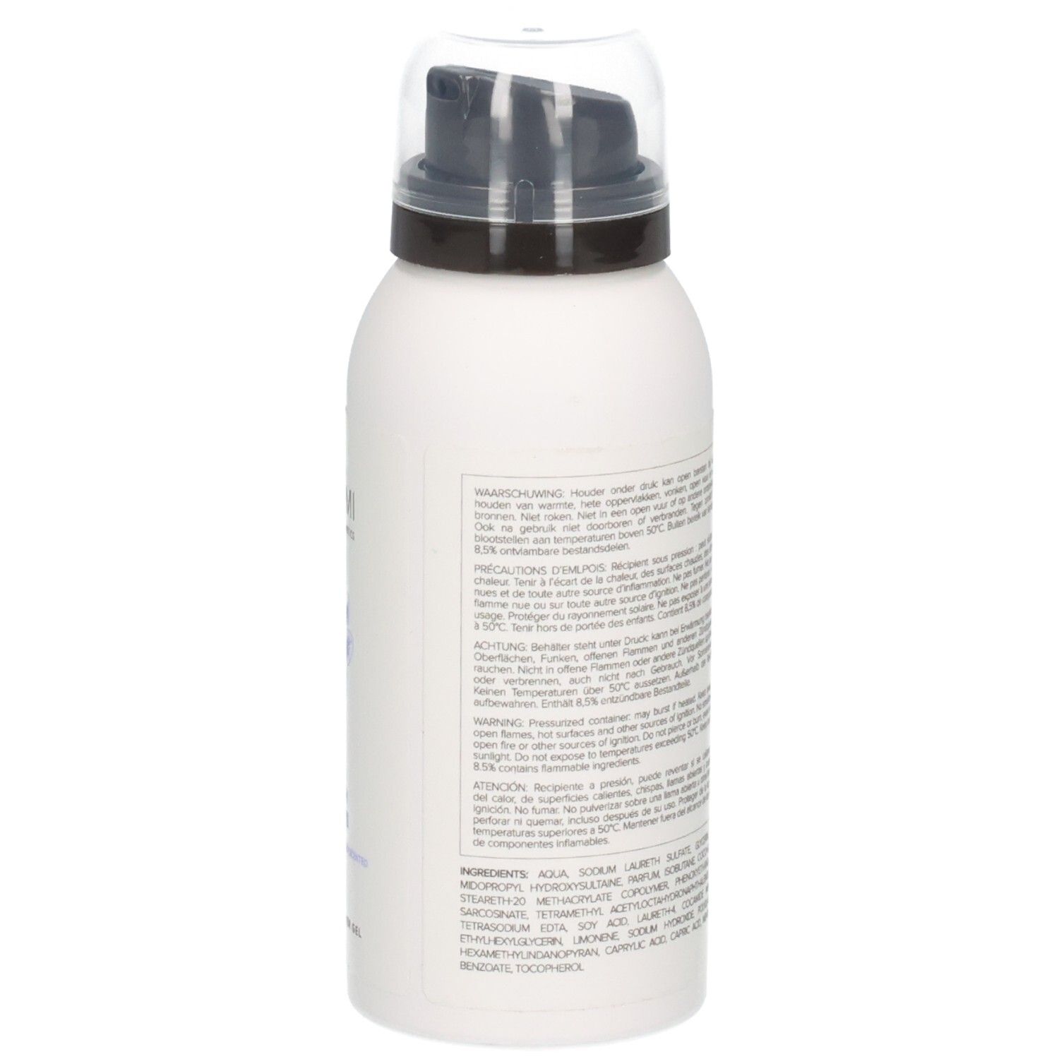 Arrière du flacon de gel douche moussant Umami Fresh Leaves avec liste des ingrédients et avertissements.