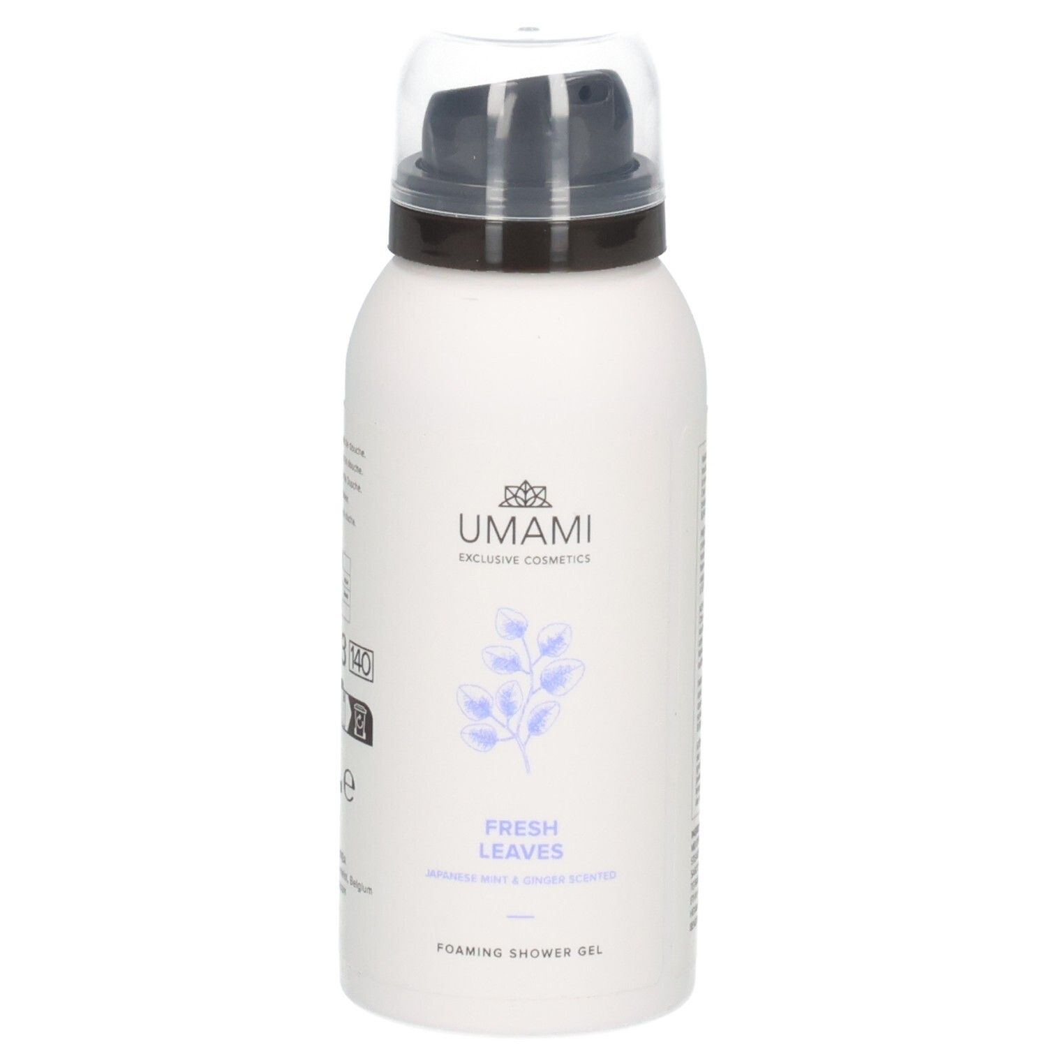 Gel douche moussant Umami Fresh Leaves dans un flacon blanc avec pompe et capuchon transparent.