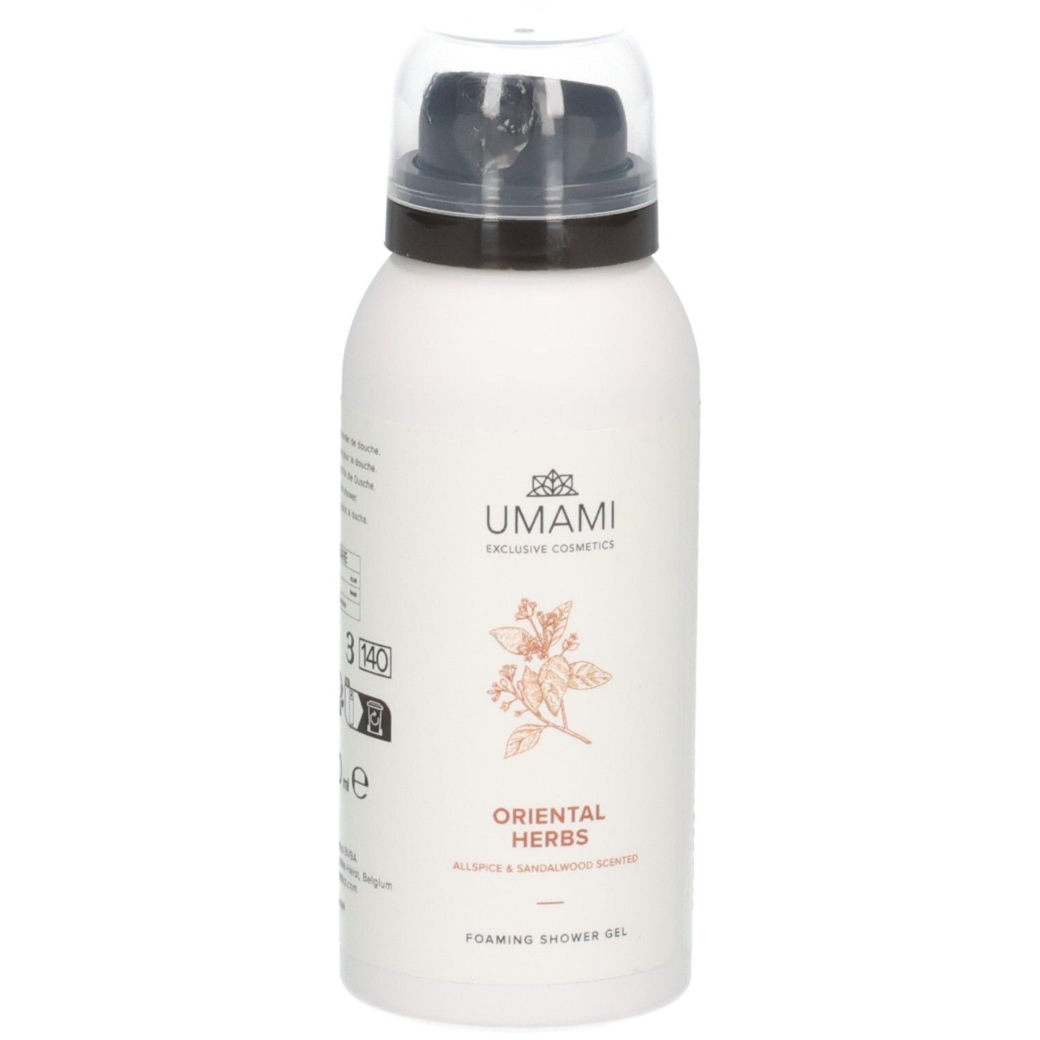 Flacon de gel douche moussant Umami Oriental Herbs avec distributeur.