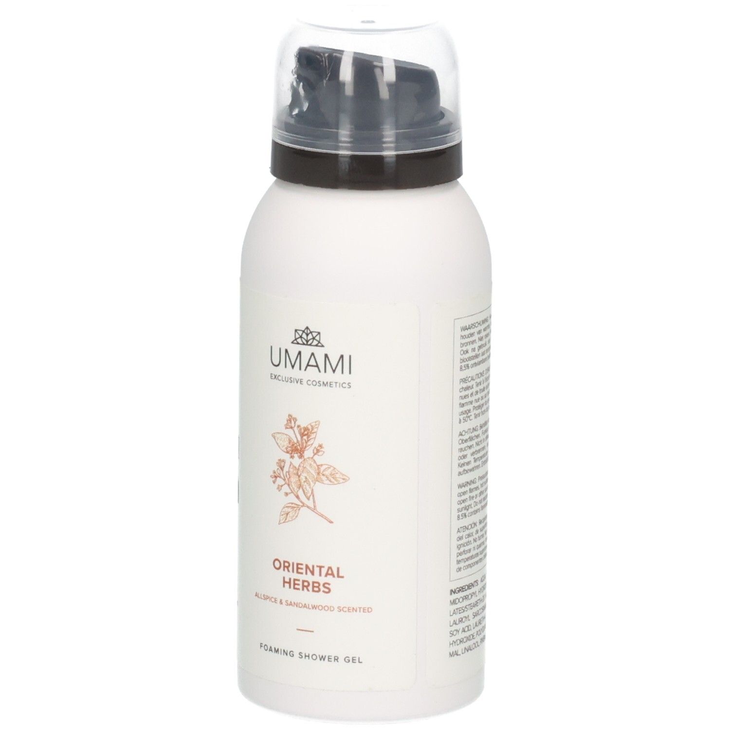 Flacon de gel douche moussant Umami Oriental Herbs avec distributeur et illustration d'herbes.