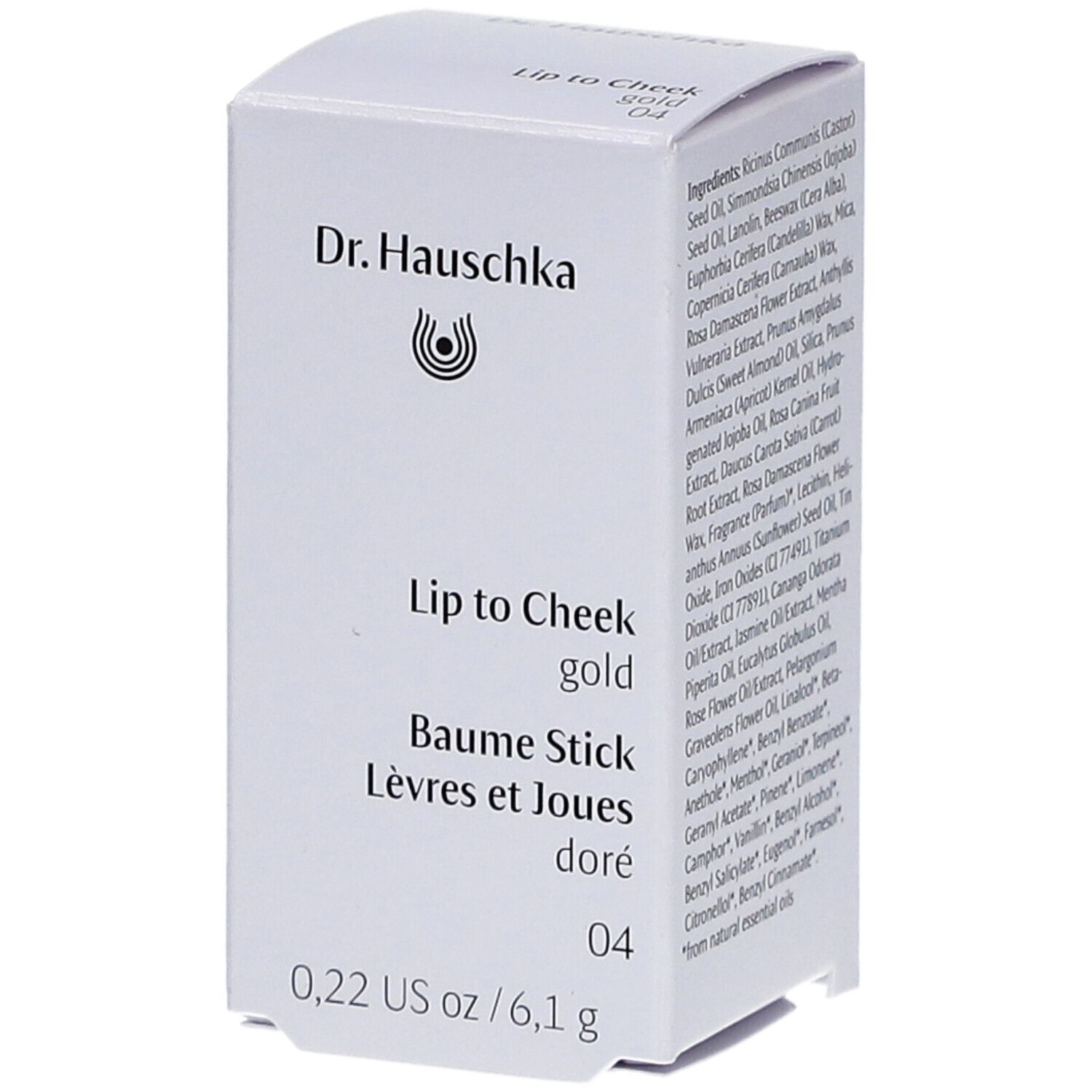 Emballage blanc. Inscription: Dr. Hauschka, Lip to Cheek gold, Baume Stick, Lèvres et Joues doré, 04. 0,22 US oz / 6,1 g.