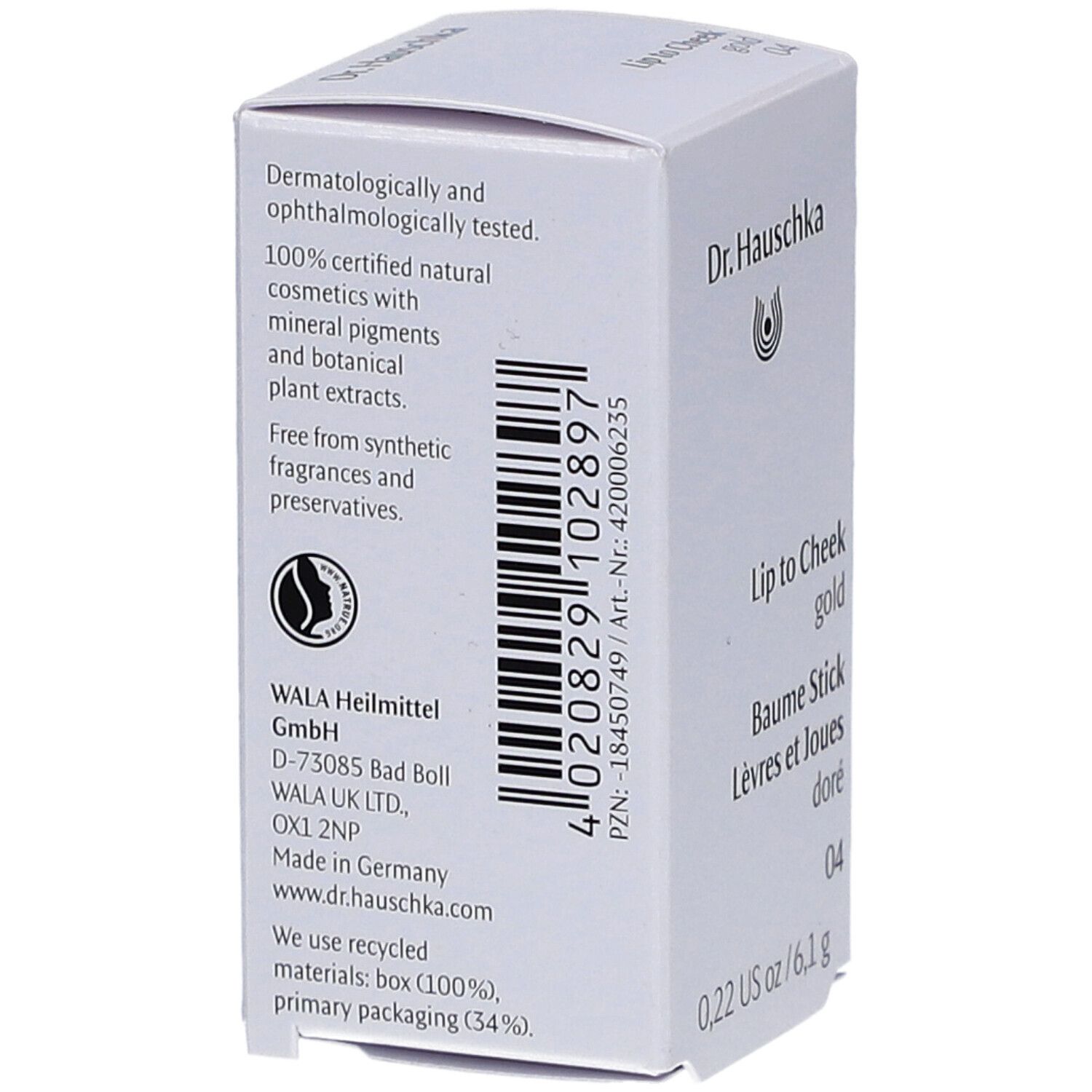 Emballage blanc. Dos avec texte: Testé dermatologiquement, cosmétiques 100% naturels, pigments minéraux, extraits végétaux. Code-barres.