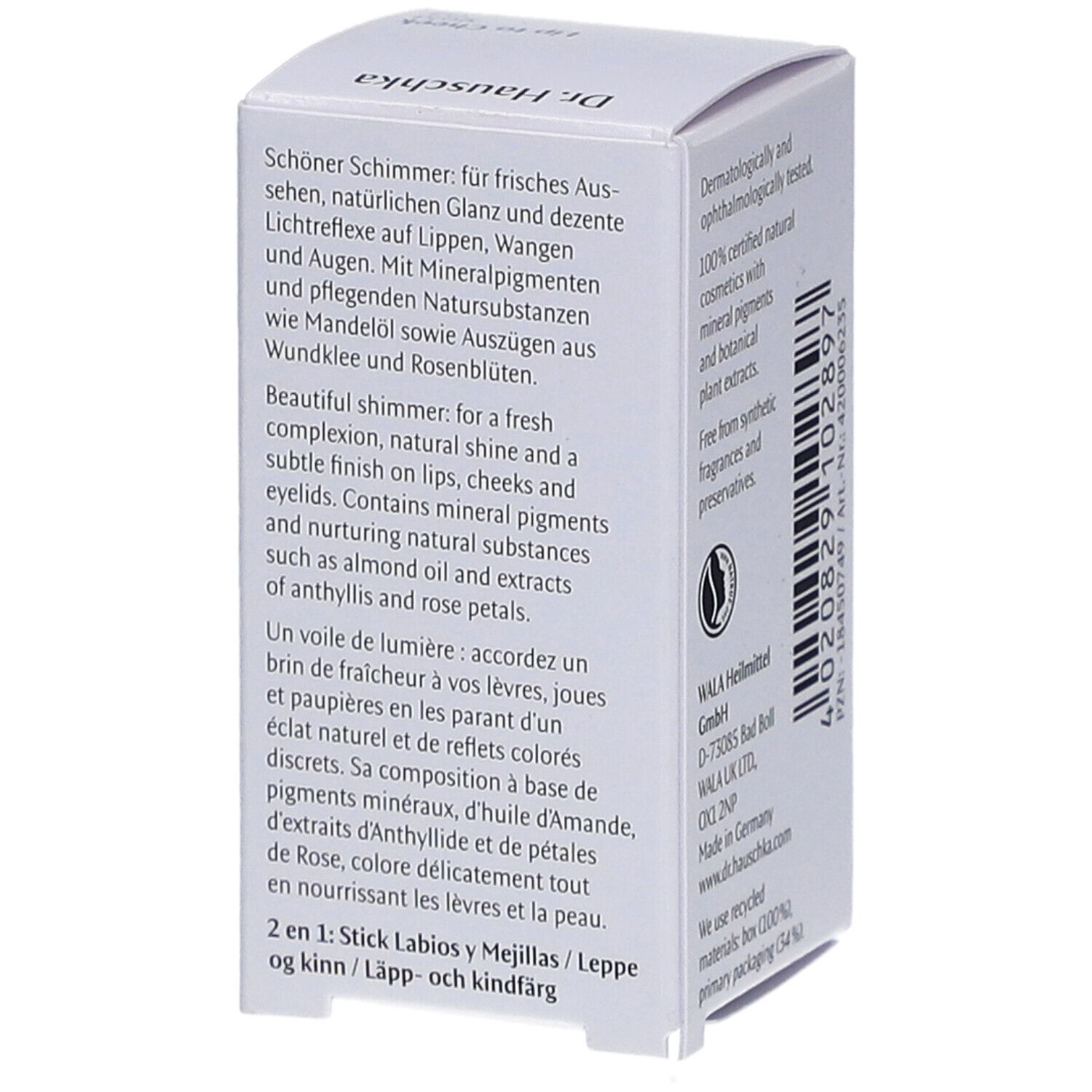 Emballage blanc. Texte: Bel éclat, reflets naturels, pigments minéraux. Texte en allemand, anglais et français.