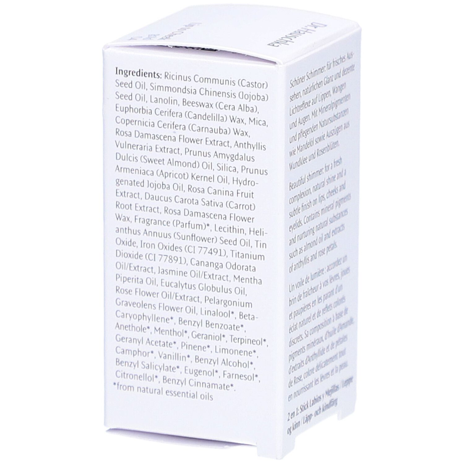 Emballage blanc. Liste des ingrédients. Texte en anglais.