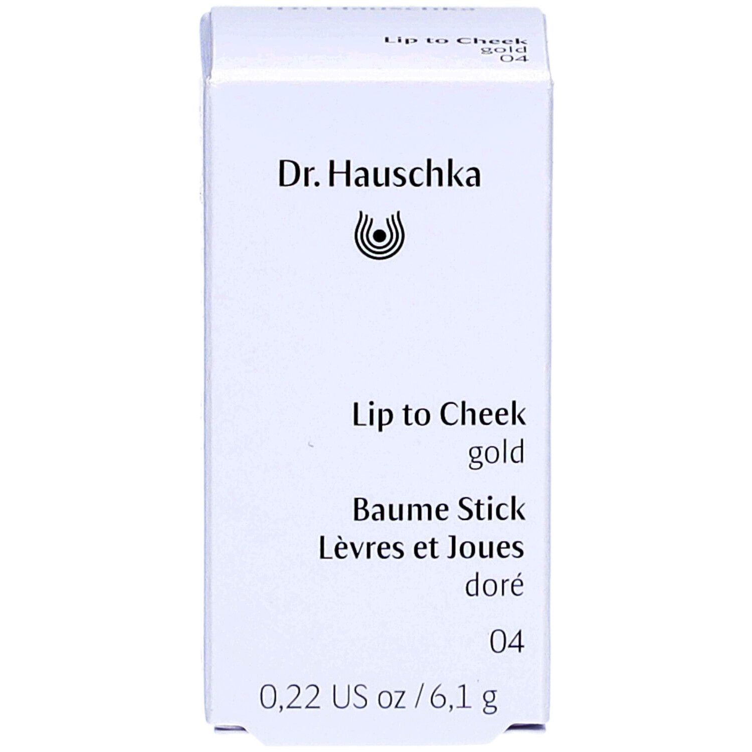 Emballage blanc. Inscription: Dr. Hauschka, Lip to Cheek gold, Baume Stick, Lèvres et Joues doré, 04. 0,22 US oz / 6,1 g.