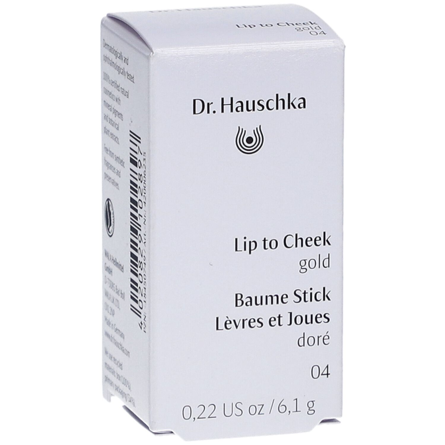 Emballage blanc. Inscription: Dr. Hauschka, Lip to Cheek gold, Baume Stick, Lèvres et Joues doré, 04. 0,22 US oz / 6,1 g.