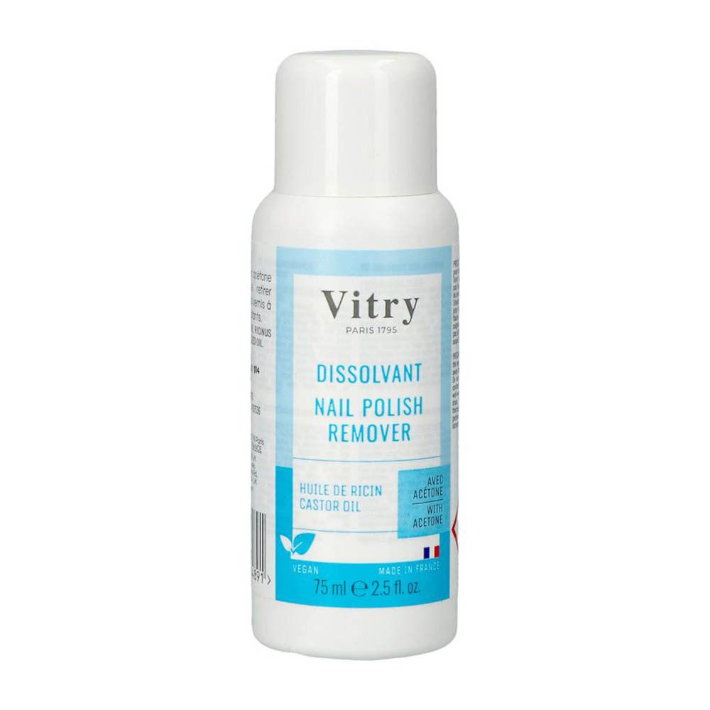 Flacon blanc avec étiquette bleue. Inscription: Vitry, Dissolvant Nail Polish Remover, 75 ml, vegan. Avec acétone.